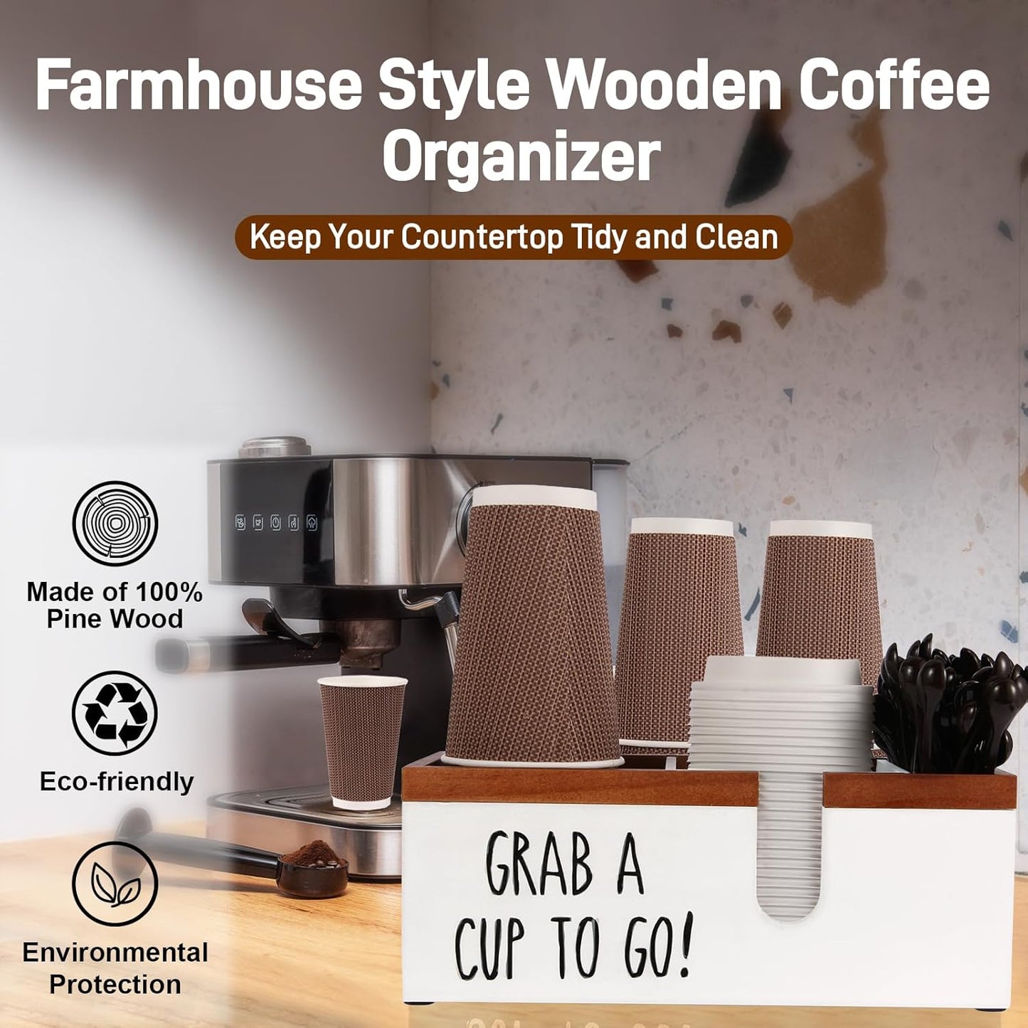 100% Wooden Coffee Cups Holder with U-Shape Cutout Design for Countertop-Coffee Bar Organizer for Cups, Lids, Pods, Stirrers, and Accessories, Great Gift for Home or Office (White)