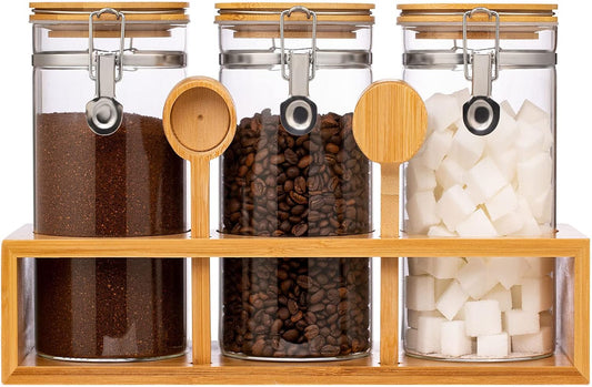 Yangbaga Glass Coffee Sugar Containers with Shelf, 3 x 45 OZ Coffee Bean Storage Station Organizer with Airtight Locking Clamp and Coffee Bamboo Scoop, Large Capacity Food Storage Jar for Kitchen