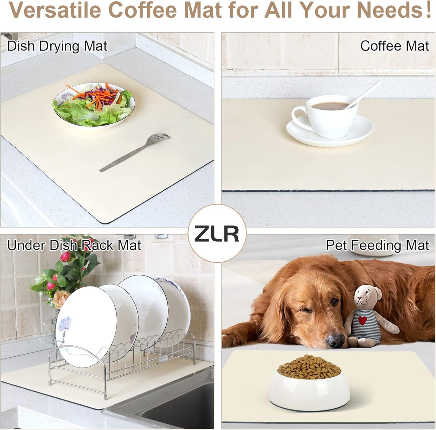 ZLR Coffee Mat - 12" x 16" Small Kitchen Hide Stain Absorbent Dish Drying Mat for Countertop - Easy to Clean Coffee Bar Mat for Espresso Machine and Spill Protection - Creamy