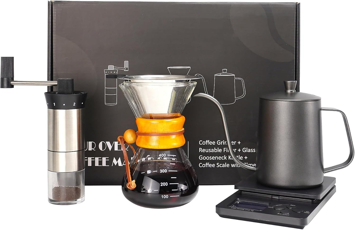 Pour Over Coffee Kit, Coffee Maker Set, All in One Hand Drip Coffee Set, Coffee Grinder Manual Set, Ideal for Anniversary Birthday Gift