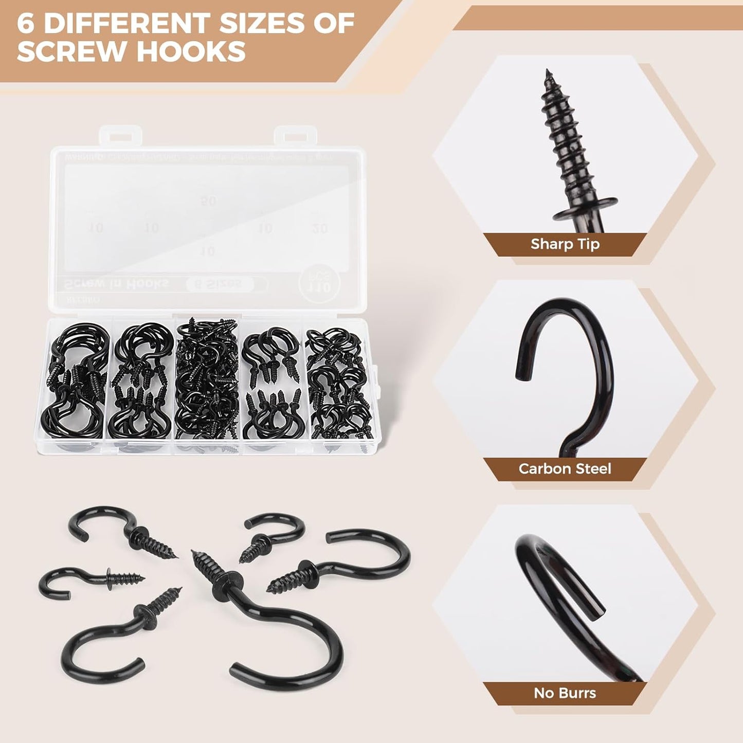 RELBRO Screw Hooks, 6 Sizes Metal Screw in Cup Hooks, 1/2 Inch, 5/8 Inch, 3/4 Inch, 7/8 Inch, 1 Inch, 1-1/4 Inch, Black, 110 Pcs