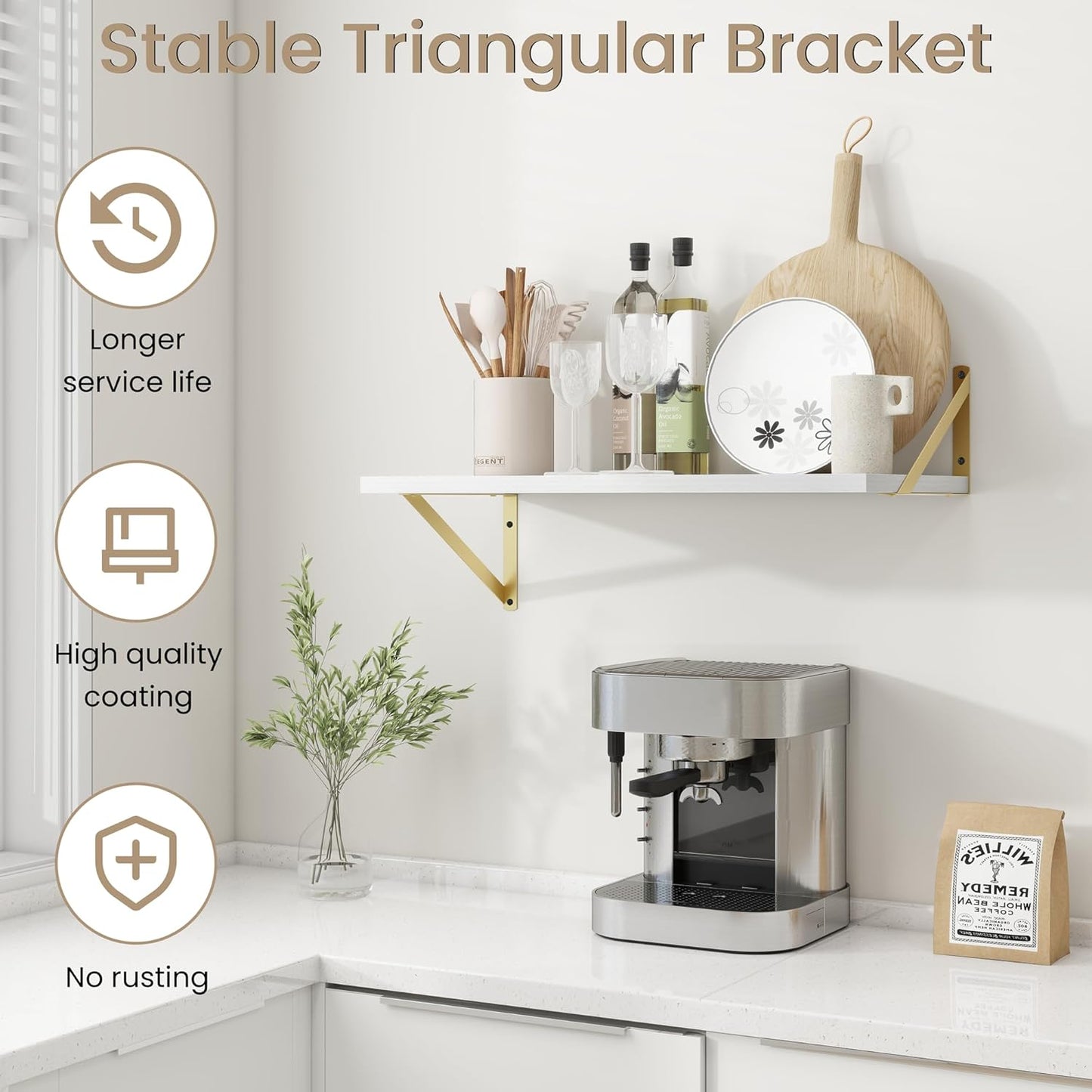 Dreamland Gold Shelves for Wall, White Wood Wall Mounted Shelves, Large Floating Shelf 12 * 24 inch Set of 2 for Bookshelf Living Room Bedroom Home Office Bathroom