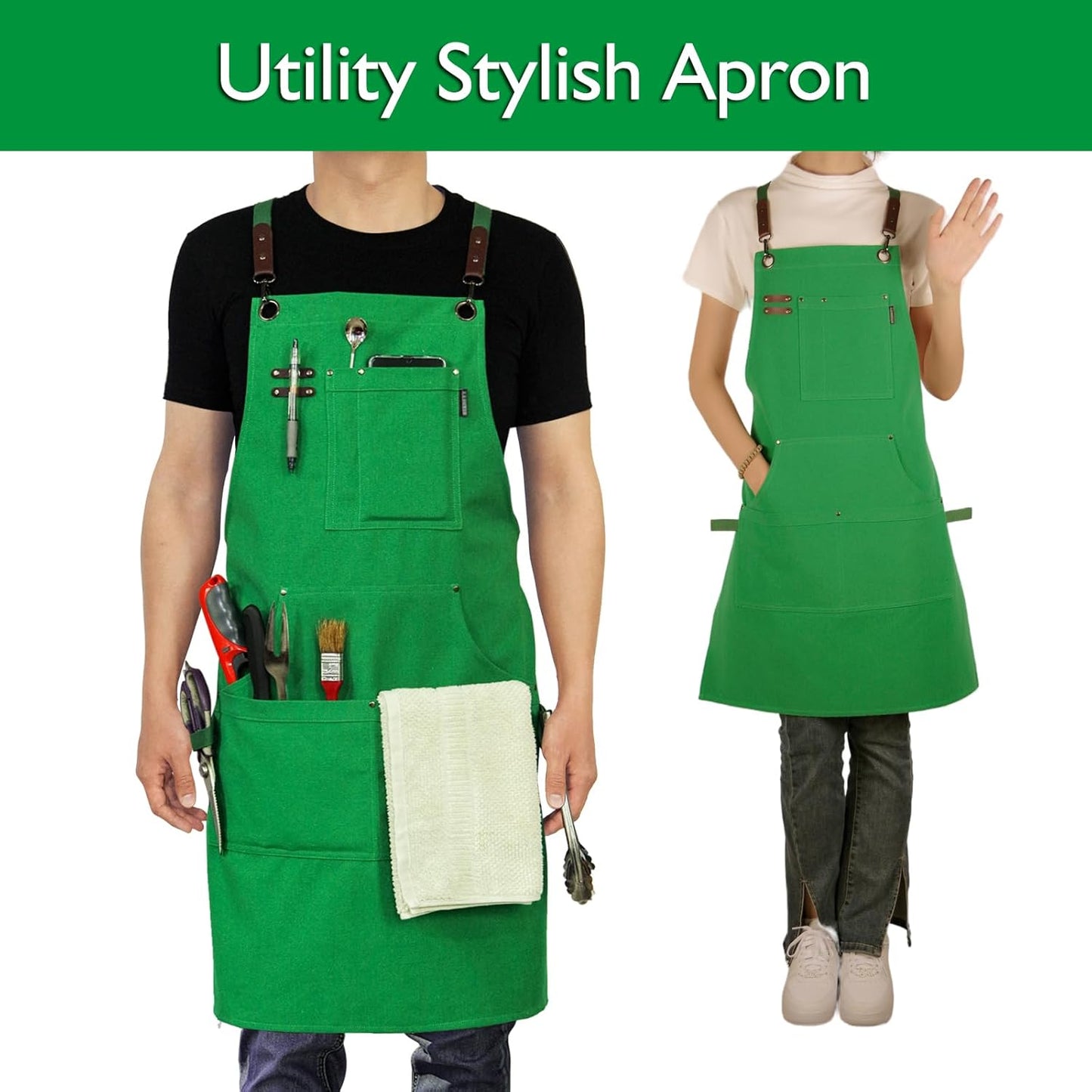 Kitchen Apron, Work Apron, Canvas, Multiple Pockets, Gardening, Painting, BBQ, Artist, Carpenter, Sizes M to XXL, Green