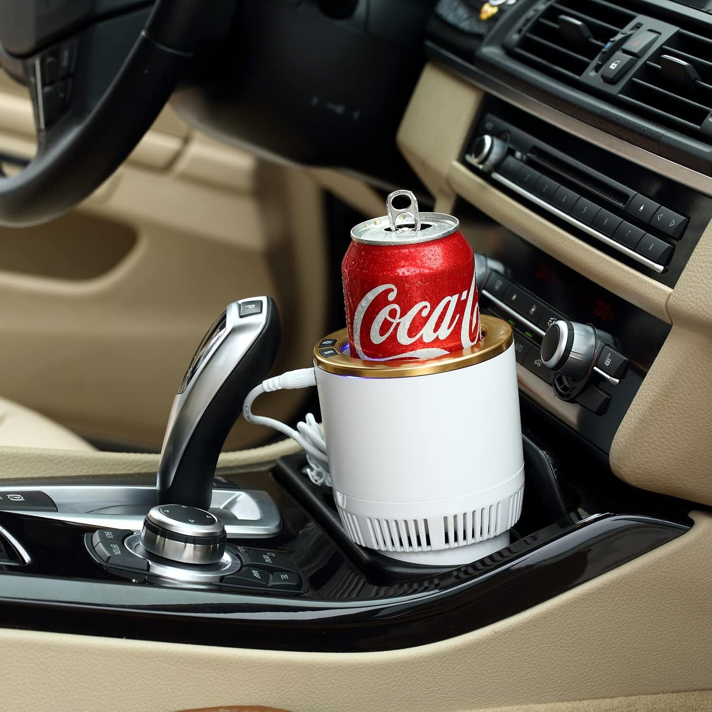 Car Cup Holder with Drink Cooler Smart Mug Warmer 2-in-1 Car Tumbler Holder (White with Gold)