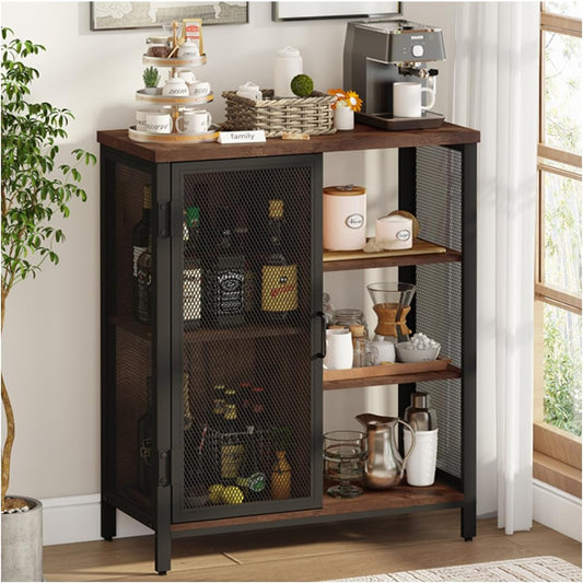 BON AUGURE Coffee Bar Cabinet for Home Liquor, Small Storage Cabinet for Kitchen and Entryway, Farmhouse Industrial Buffet Sideboard Credenza with Adjustable Shelves (Rustic Oak)