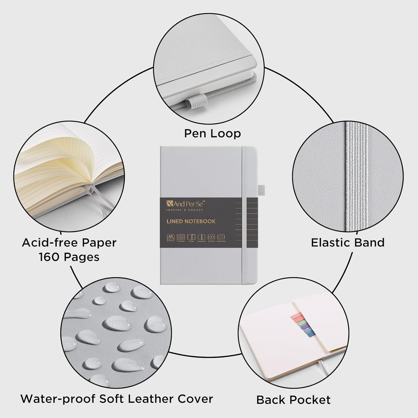 &And Per Se Lined Journal Notebook (5 Packs), 160 Pages, A5 5.7 x 8 inches College Ruled Thick Paper Notebook Journals for Writing, Hardcover Notebooks for Women Men Office School (Grey)