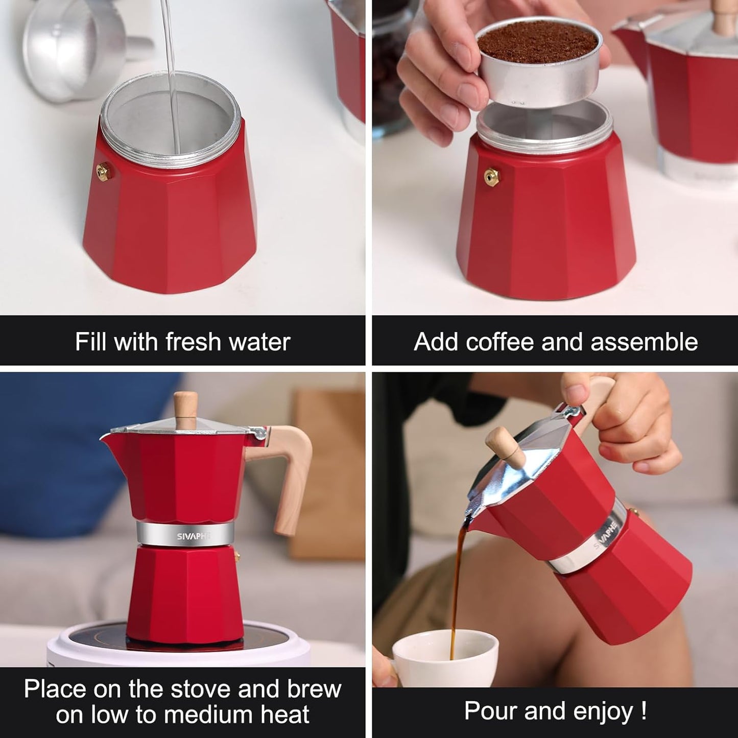 Sivaphe Aluminum Moka Pot 9 Espresso Cups, Percolator Espresso and Coffee Maker, Portable Stovetop Italian and Cuban Café Brewer for Home and Camping Red