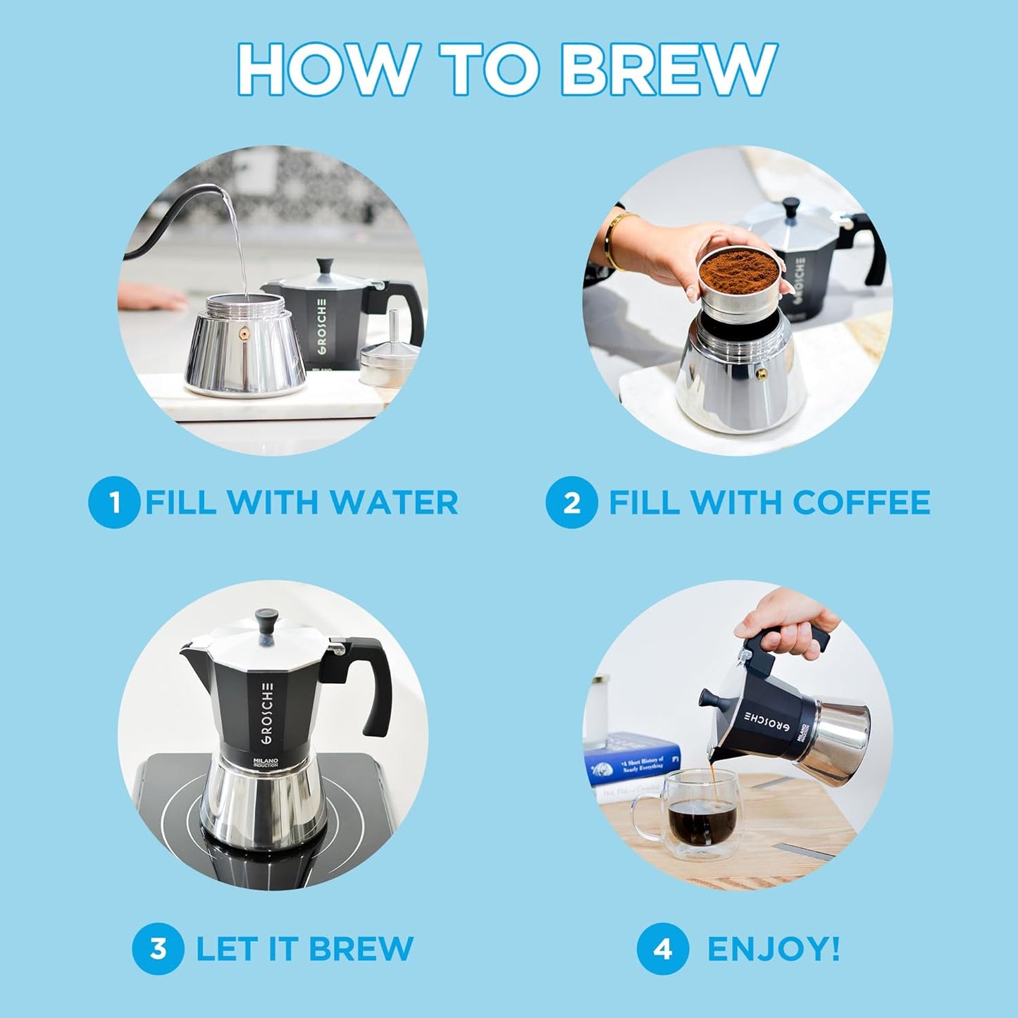 GROSCHE Milano Induction Stovetop Espresso Maker Moka Pot for Greca, Induction, Electric & Gas Stoves, Dishwasher Safe Stovetop Espresso Maker | 6 Espresso Cup, Black