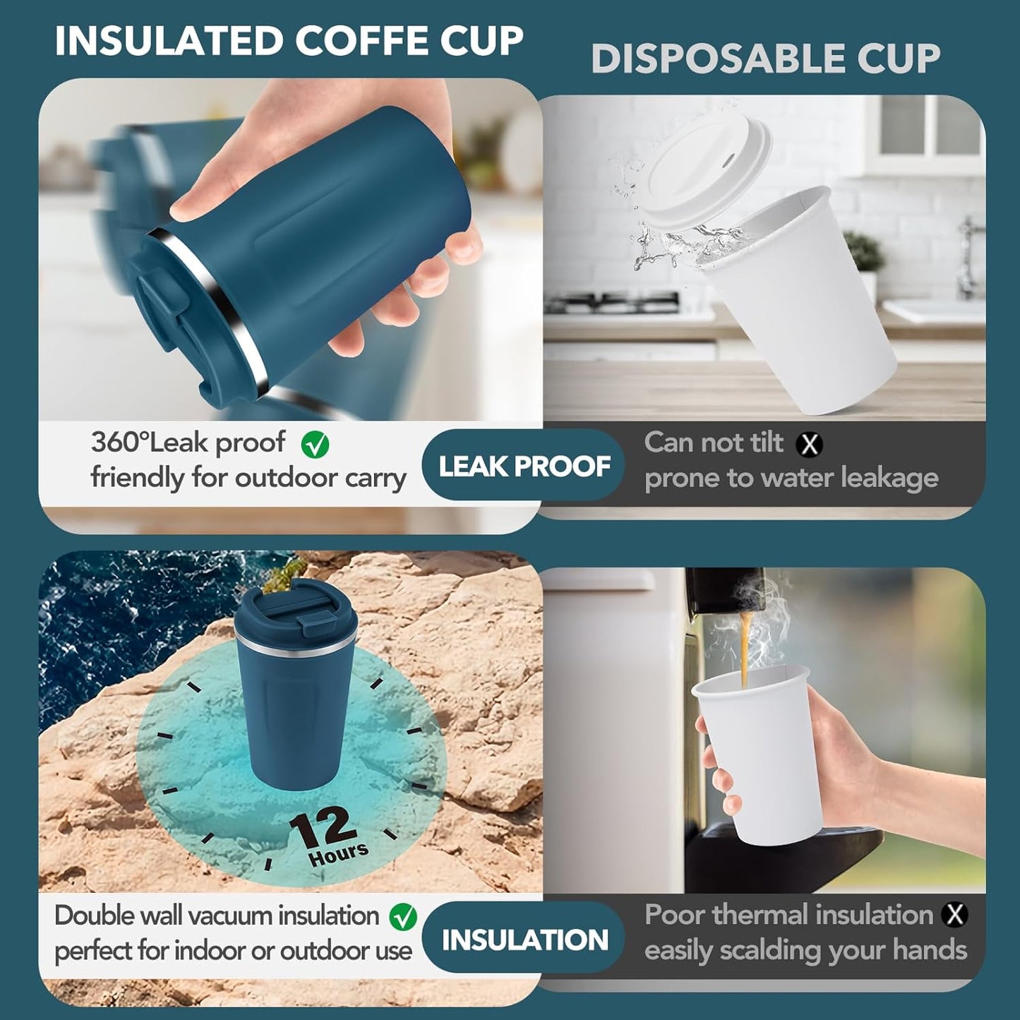 Volhoply 12 oz Double Wall Insulated Vacuum Travel Coffee Mug with Flip Lid Bulk 8 Pack,Reusable Stainless Steel Leak Proof Coffee Cup,Portable Cafe Thermal Tumblers for Hot & Cold Drinks(Bule,8 Set)