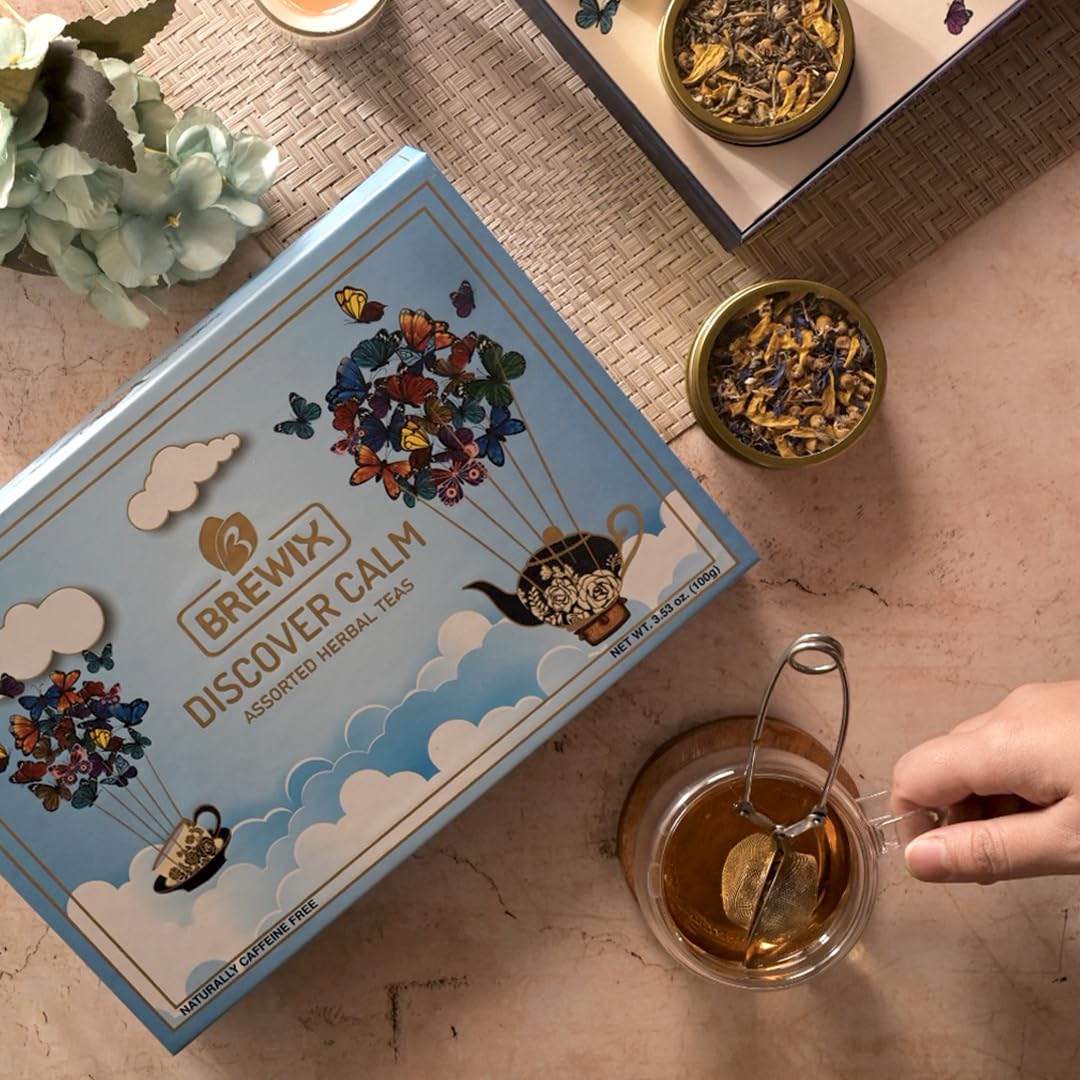 BREWIX, Discover Calm Premium Herbal Tea Christmas Gift Box (3.53oz/50+ Cups) | Tea Gift Sets For Tea Lover | 6 Unique Herbal Teas | Best for Birthdays, Anniversaries & Holidays