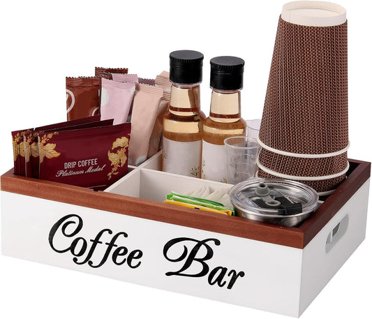 Wooden Coffee Organizer Holder with Divided Sections & Cutout Handle, Farmhouse Coffee Bar Organizer for Pods, Cups, Lids, Syrups, Stirrers & Accessories – Ideal Gift for Home or Office-White
