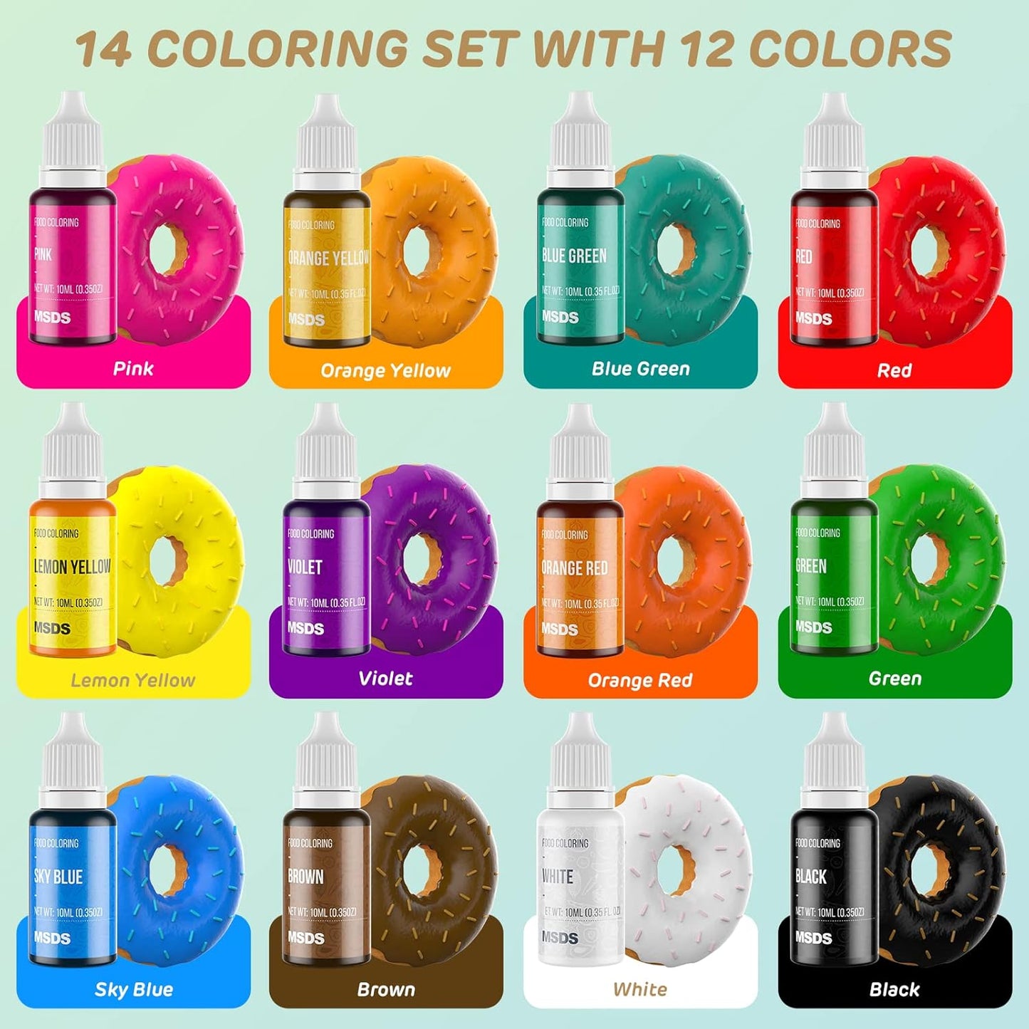 14 Food Coloring Set, Liquid Vibrant Food Color Tasteless Food Dye for Baking, Icing, Cake Decorating, Fondant, Easter Egg, Slime Making DIY Supplies Kit - 0.35 Fl. oz (10 ml)/Bottles