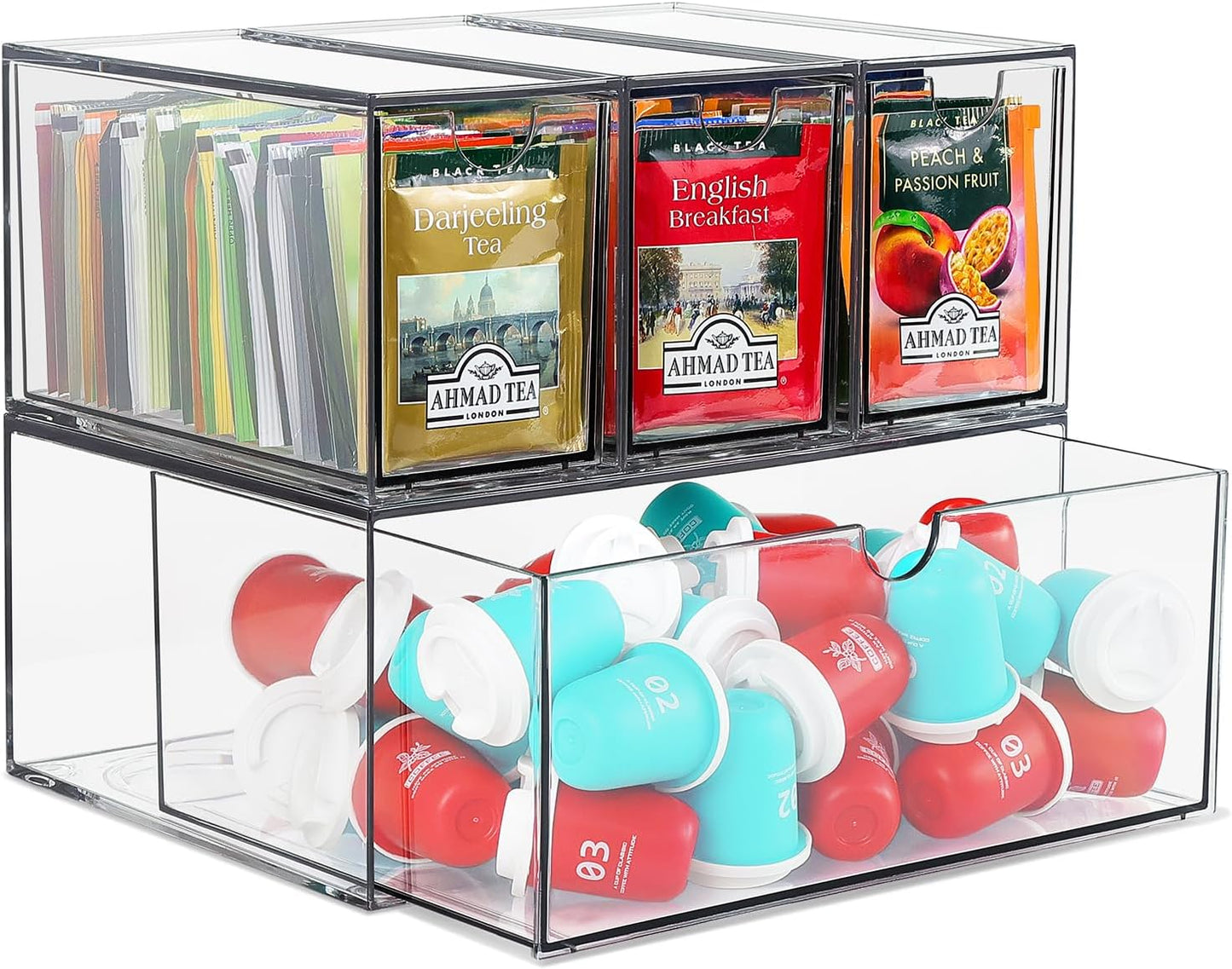 4 Tea and Coffee Organizer and Storage, Acrylic Tea Bag Holder Organizer, Plastic K Cup Drawer Container for Cabinet