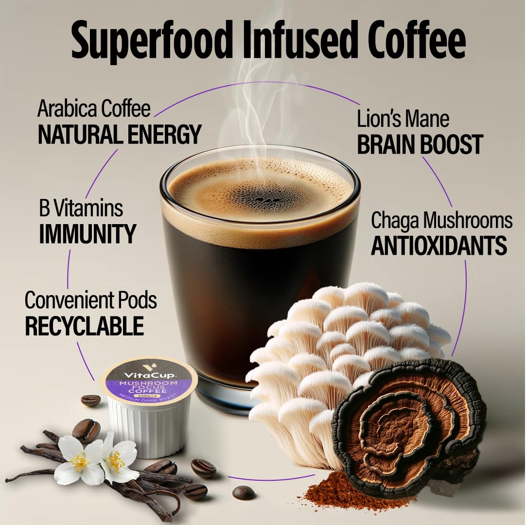 VitaCup Focus Mushroom Coffee Pods, Vanilla Flavored Coffee with Chaga, Lion’s Mane, Vitamins, Medium Dark Roast Arabica Beans, Recyclable Single Serve Pods Compatible with Keurig K-Cup Brewers, 16 Ct