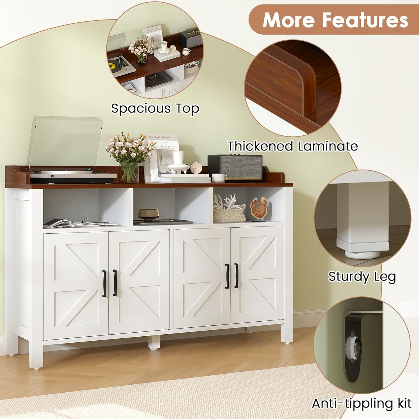 Buffet Cabinet with Storage Farmhouse with 4 Doors and 3 Open Compartments, 55'' Large Kitchen Storage Cabinet White Wood Coffee Bar Buffet Sideboard for Kitchen, Dining Room, Living Room