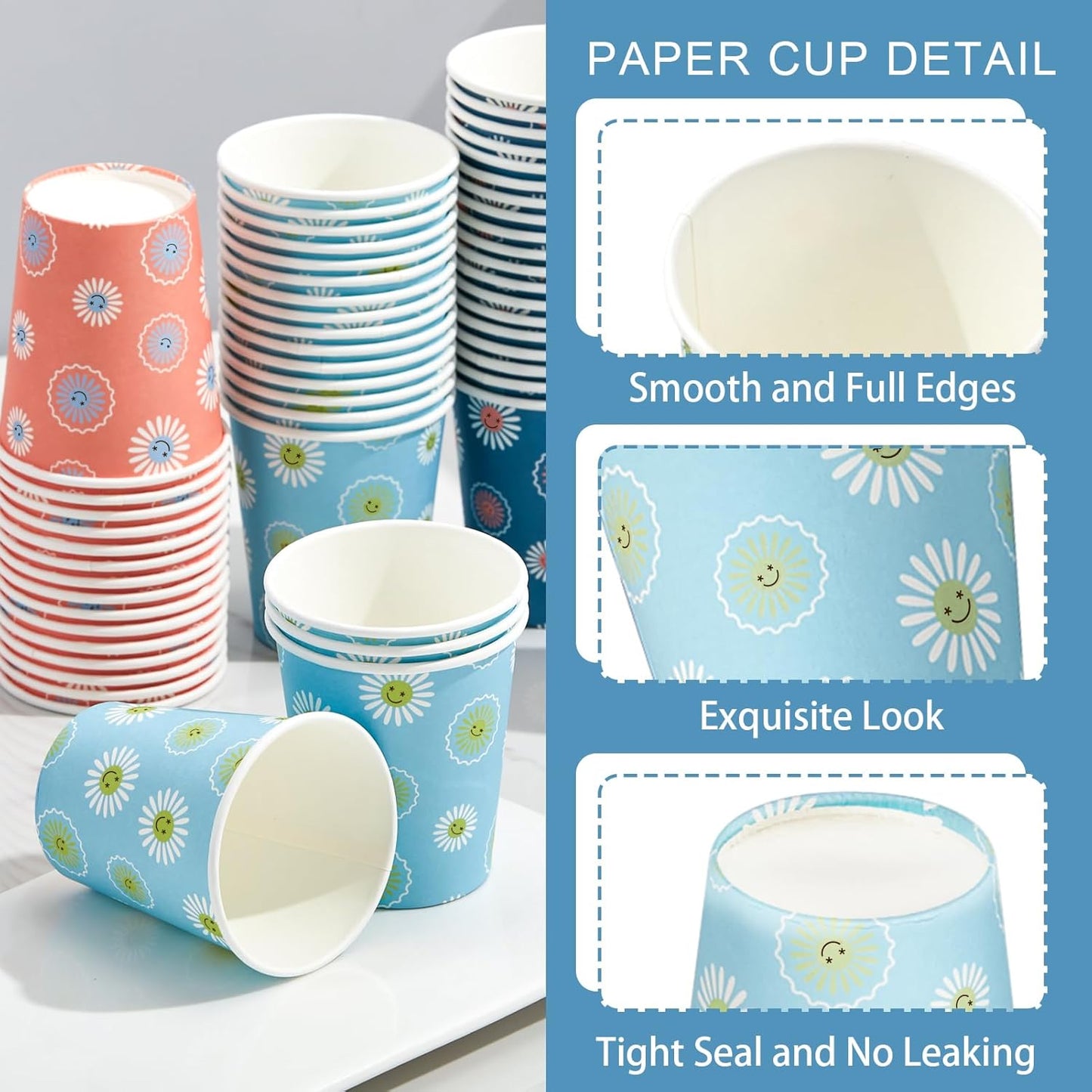 300 Pack 3 oz Paper Cups, Disposable Bathroom Cups, Small Mouthwash Cup, Hot/Cold Beverage Drinking Cups, Mini Paper Cups for Bathroom, Birthday Party, Travel, Events, Picnic, BBQ (Daisy)