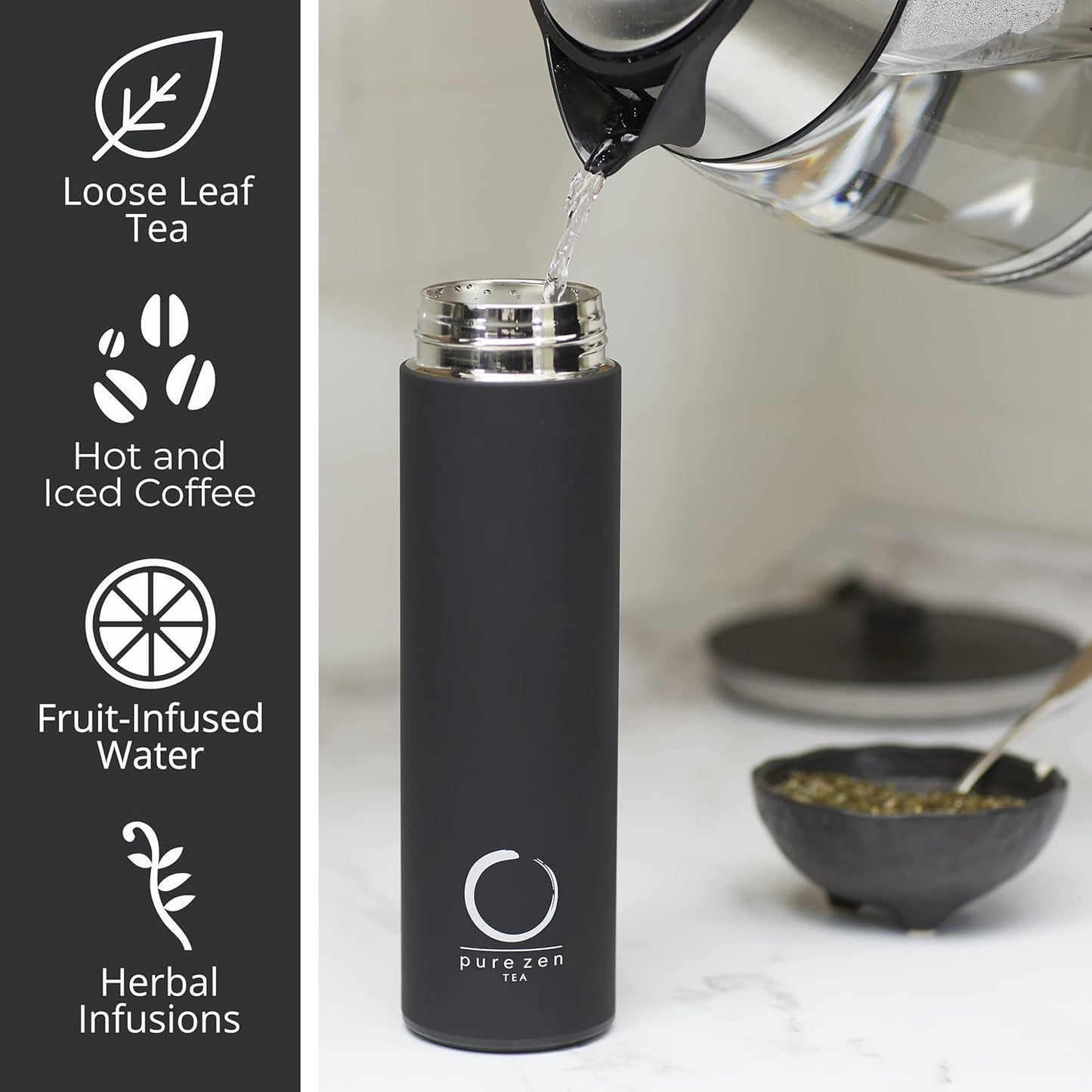 Pure Zen Tea Thermos with Infuser for Hot and Cold Infusions, Coffee and Fruit-Infused Water - Stainless Steel - Tea Infuser Bottle - Leakproof Travel Mug with Filter - 15oz - Black