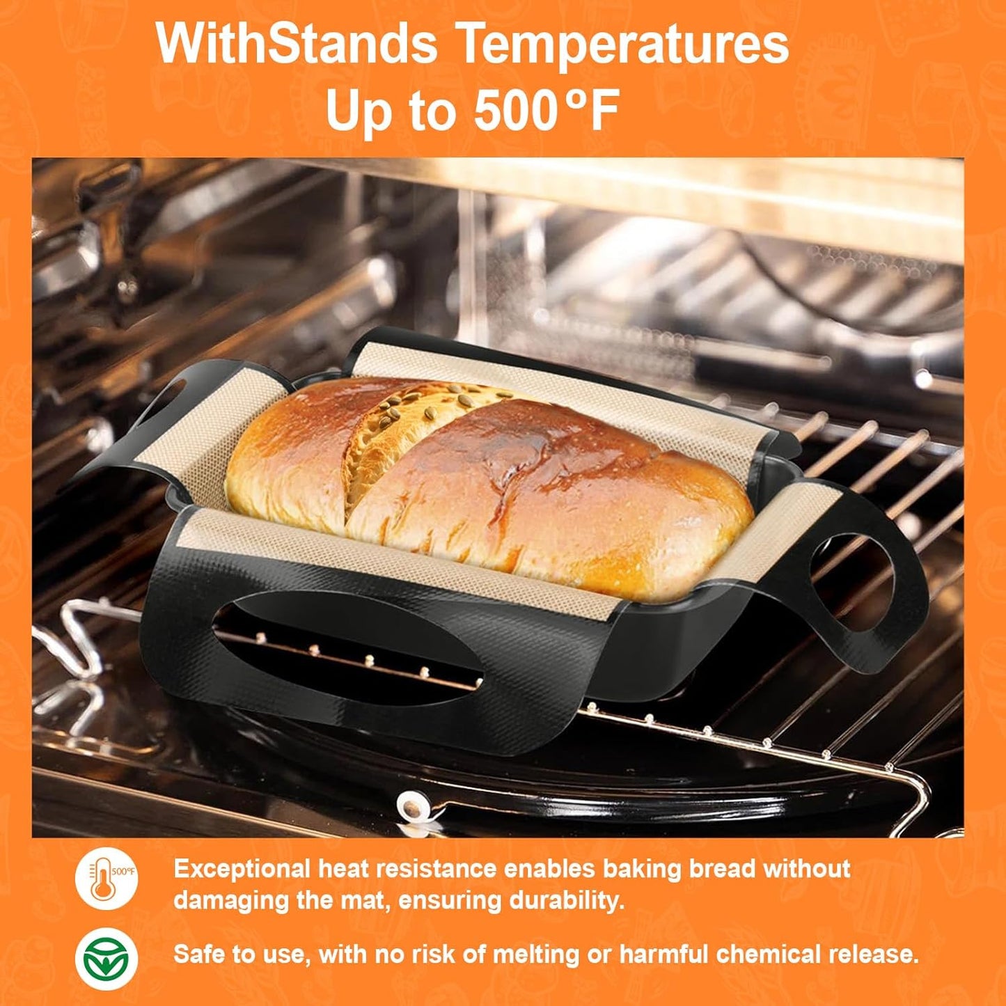 Reusable Silicone Bread Loaf Pan Liner, Food-Grade Silicone Bread Sling, Sourdough Bread Mat, Loaf Pan Lifters, Non-Stick&Easy Clean Dough Transfer Tool, Fits 9x5 or 1.5lb Loaf Pans, Black & Orange