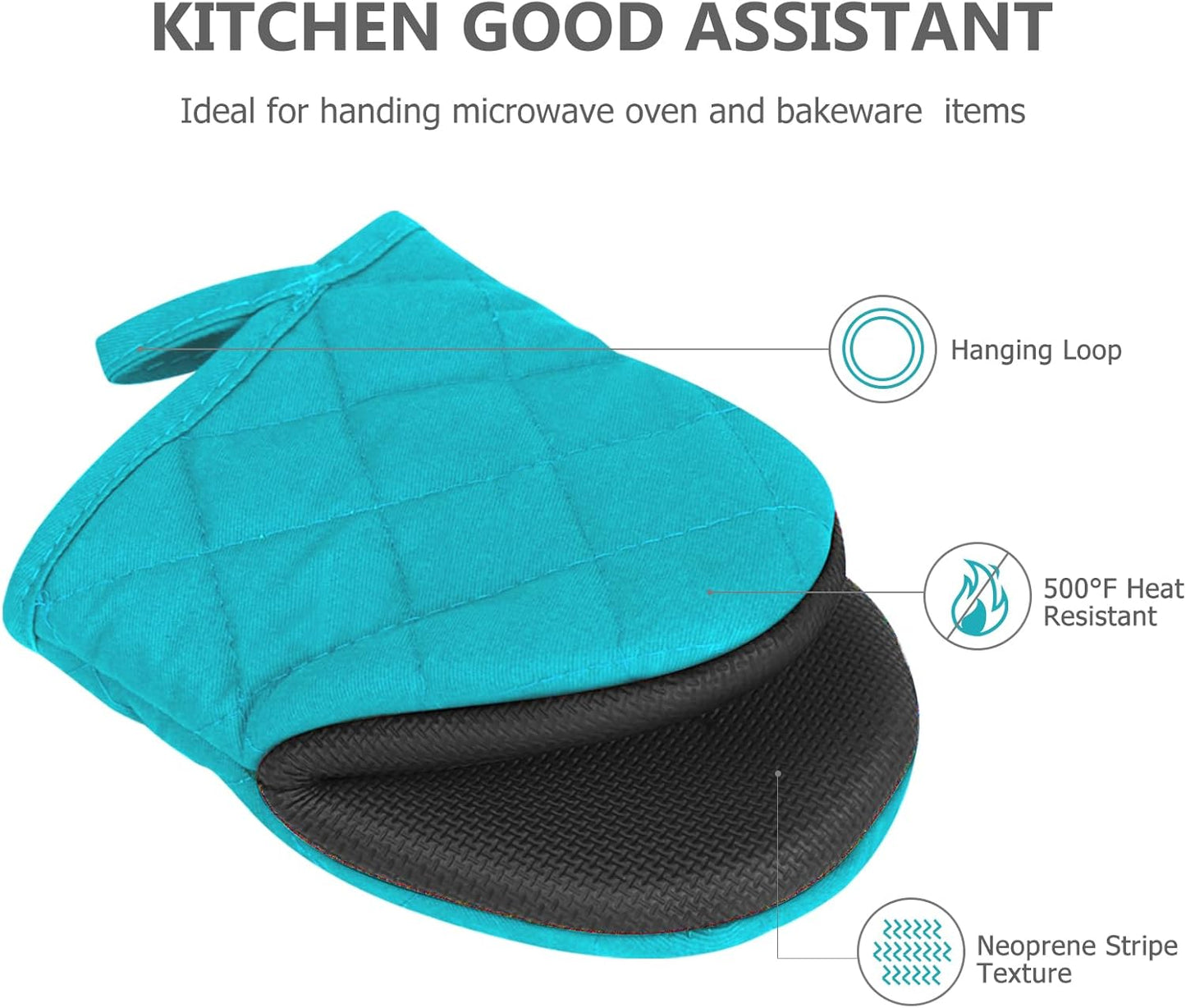 1 Pair Short Oven Mitts - Silicone Kitchen Oven Gloves High Heat Resistant 500℉, Mini Oven Mits with Non-Slip Grip Surfaces and Hanging Loop for BBQ, Baking, Cooking and Grilling (Coral Blue)
