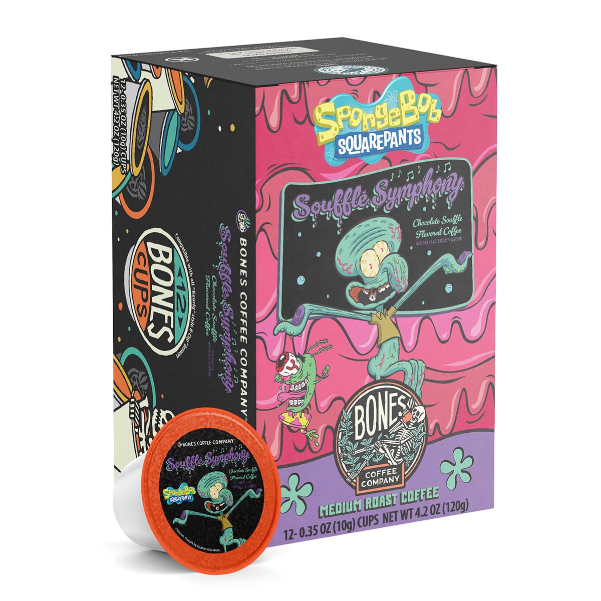 Bones Coffee Company Spongebob Soufflé Symphony, Chocolate Soufflé Flavored Coffee Pods, Low Acid Medium Roast Single-Serve Bones Cups, Compatible with 1.0 & 2.0 Capsule Brewers Coffee Maker, 12 Count