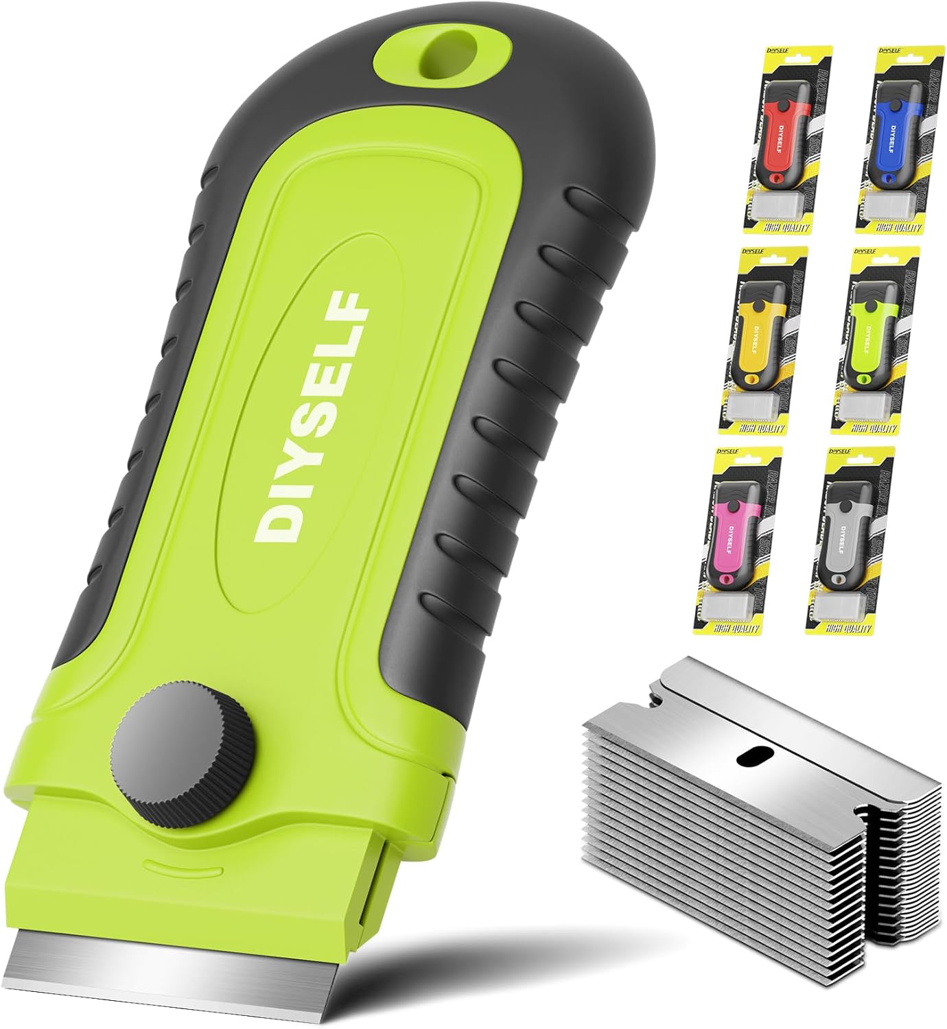 DIYSELF 1 Pack Razor Blade Scraper with 15 Extra Blades, Scraper Tool for Cleaning Window, Paint, Cooktop, Oven, Glass Stove Top Scraper, Razor Scraper with Buit-In Blade Storage (Green)