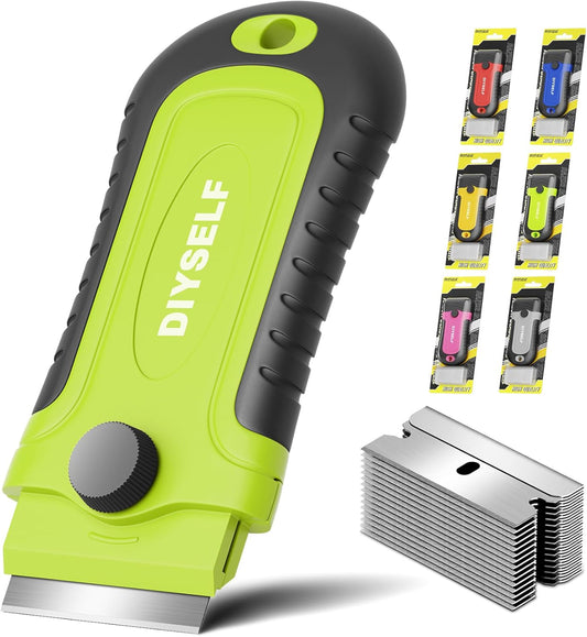 DIYSELF 1 Pack Razor Blade Scraper with 15 Extra Blades, Scraper Tool for Cleaning Window, Paint, Cooktop, Oven, Glass Stove Top Scraper, Razor Scraper with Buit-In Blade Storage (Green)