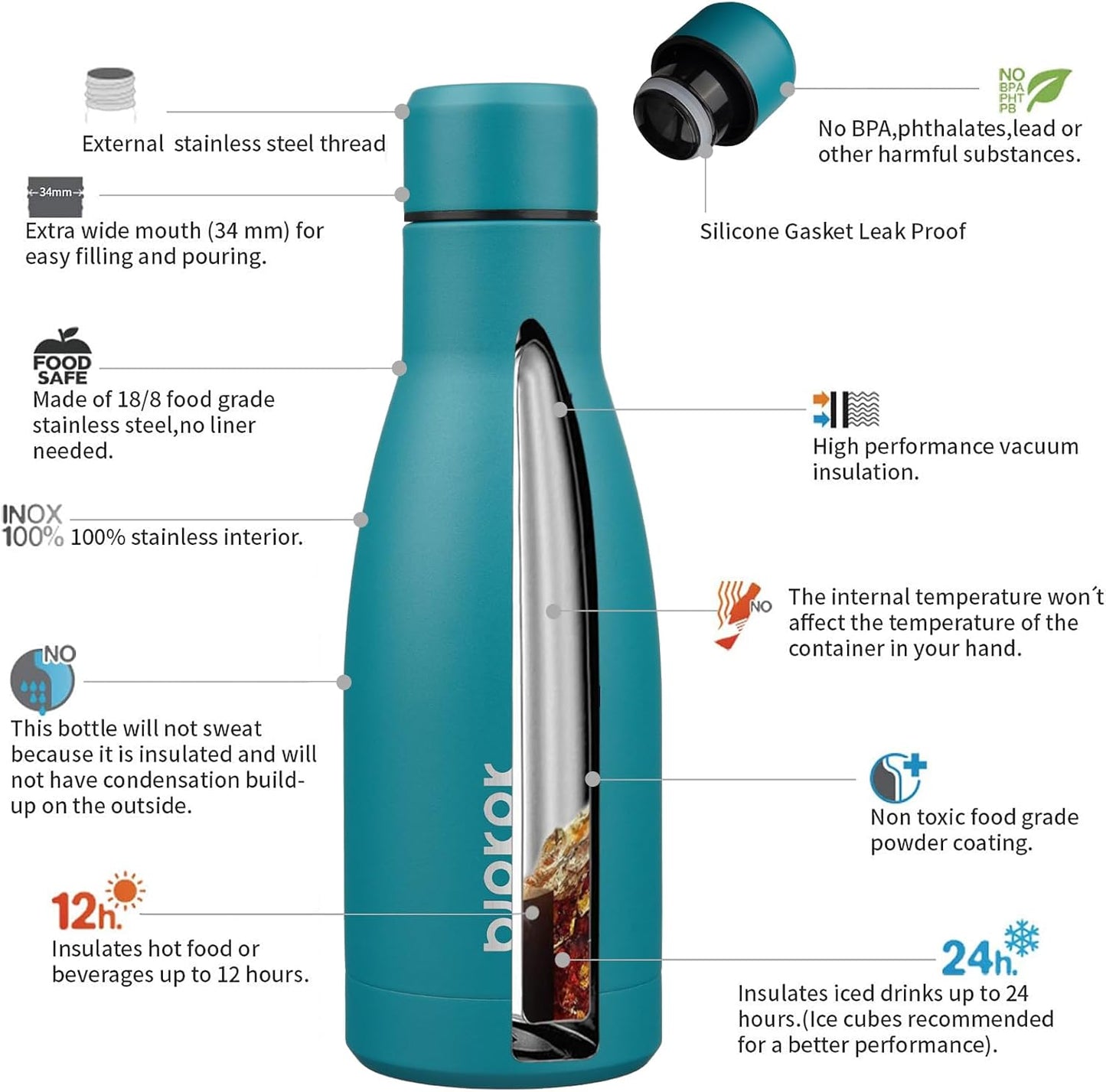 BJPKPK 12oz Water Bottles Stainless Steel Double Wall Vacuum Insulated Small Water Bottles for Travel,Lake Blue