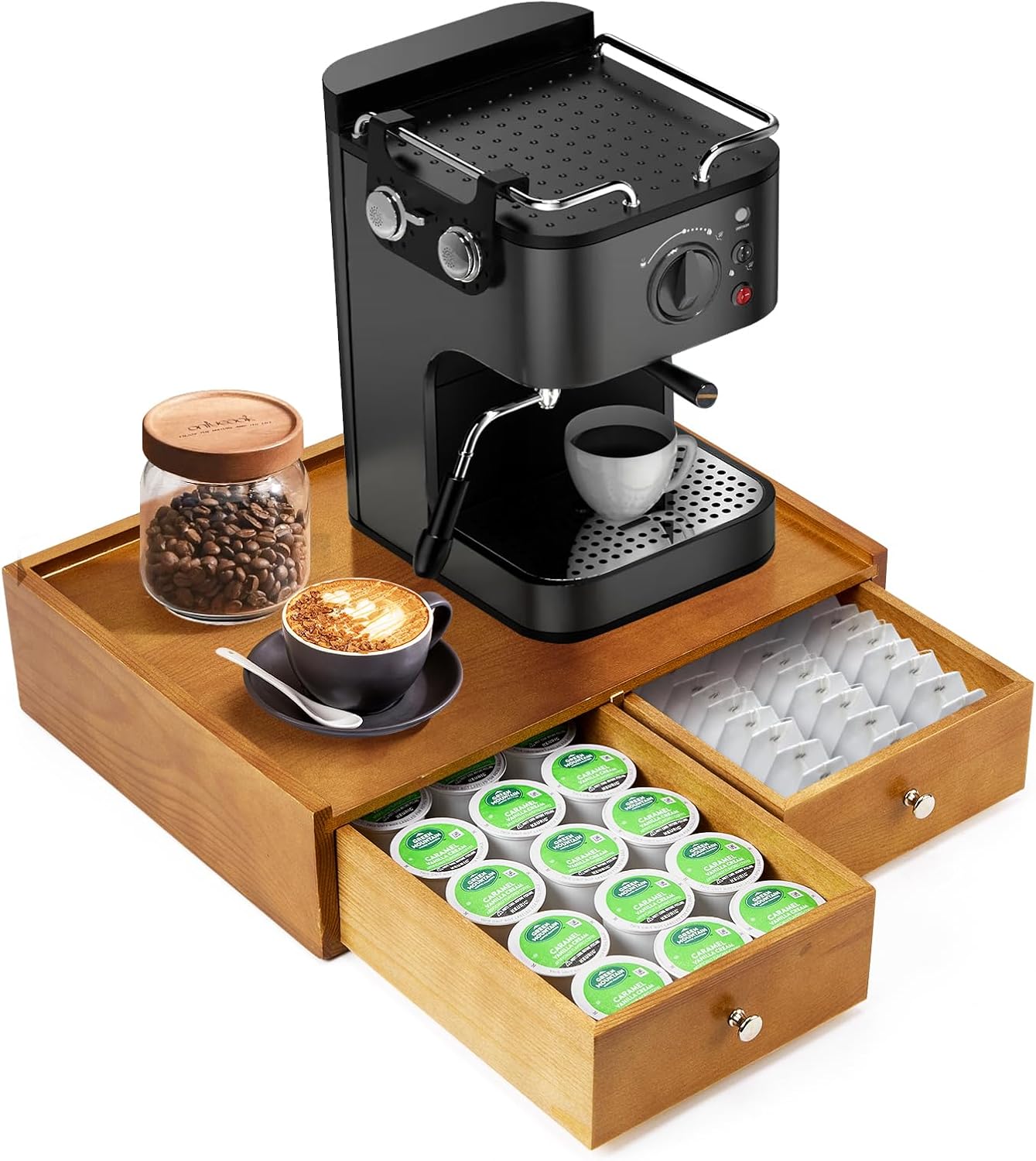 15.8"L X 11.8"W X 4"H Wooden K cup Holder, Coffee Pod Organizer Storage Box, Desktop Kitchen Storage with 2 Drawers, 30/40/60 Pod Capacity, Natural