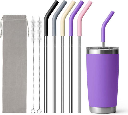 Stainless Steel Straws for 20 oz Yeti Tumbler, 5 Pcs Metal Straws Reusable with Silicone Tip for 20 oz Stanley Cup and 16 oz Glass Tumbler, Cleaning Brush, 1 Portable Bag