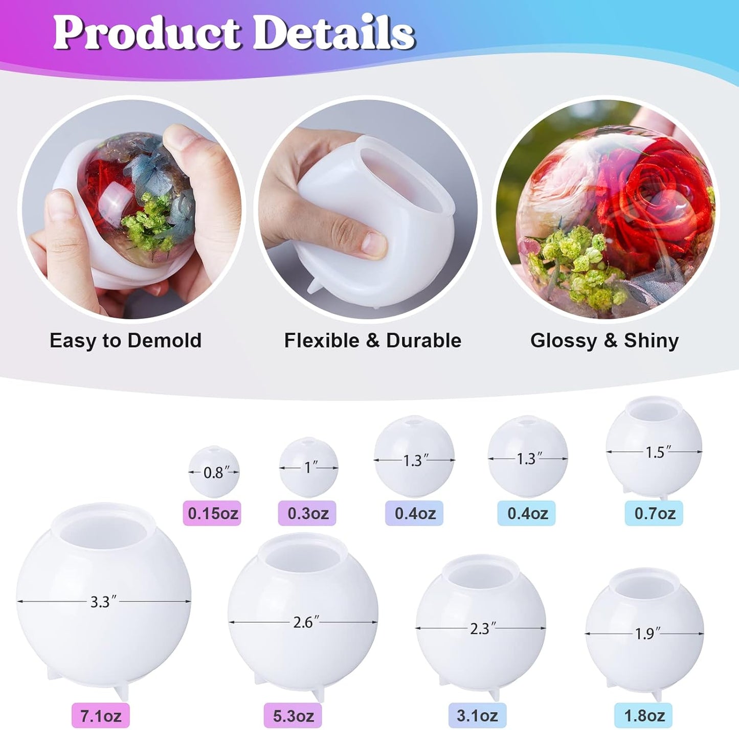 LET'S RESIN 9 Pcs Sphere Silicone Molds for Resin, Upgraded Seamless 3D Sphere Resin Molds Silicone,Large Round Ball Epoxy Resin Molds for Flowers Preservation,Resin Casting, Soap, Candle