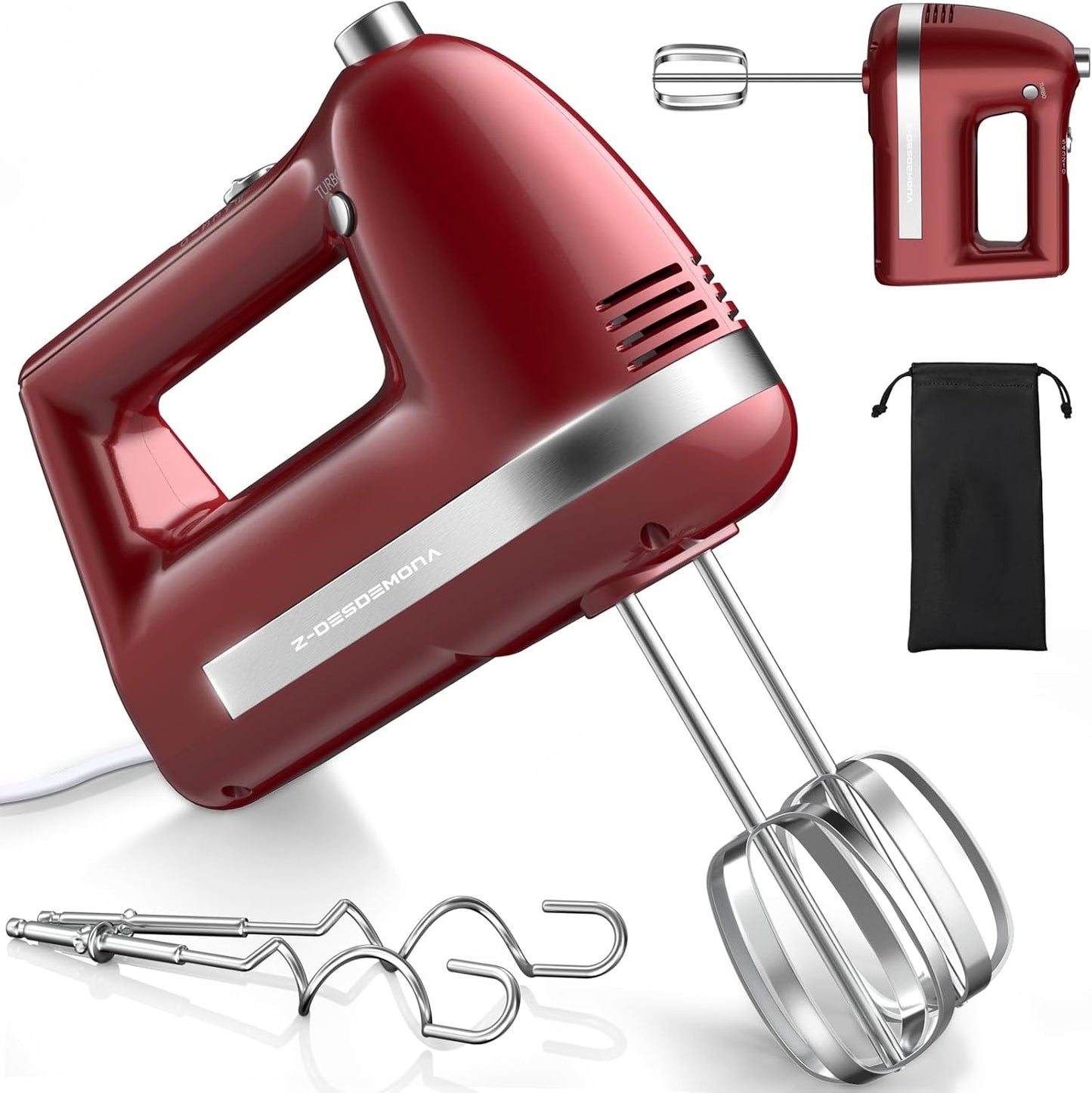 Electric Hand Mixer, Powerful 300W Hand Mixer Electric Handheld with 304 Beaters, Dough Hook, Hand Held Mixer with Turbo for Baking Cakes, Eggs, Cream Food(Red)