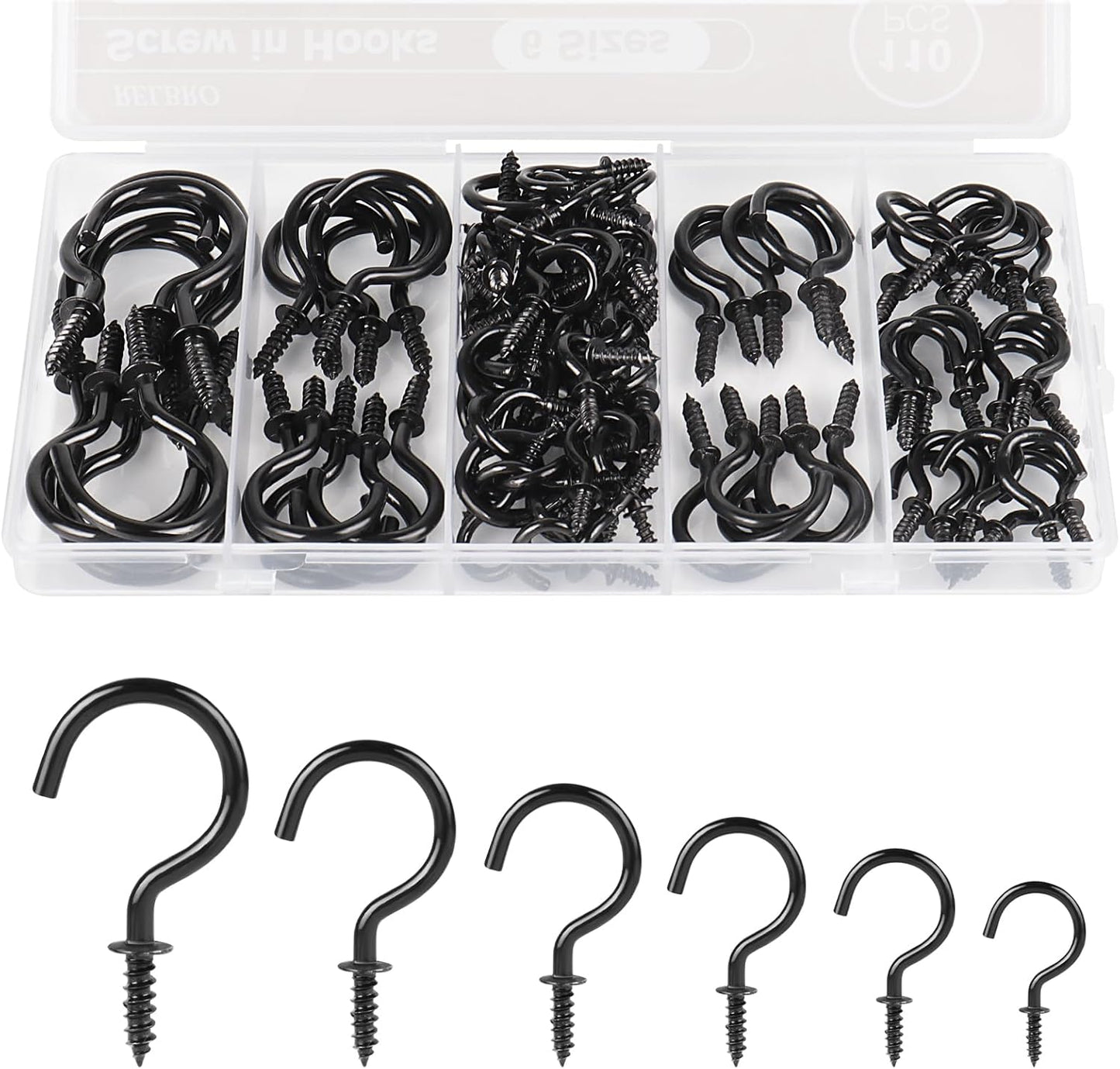 RELBRO Screw Hooks, 6 Sizes Metal Screw in Cup Hooks, 1/2 Inch, 5/8 Inch, 3/4 Inch, 7/8 Inch, 1 Inch, 1-1/4 Inch, Black, 110 Pcs