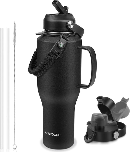 Water Bottle 40oz, Insulated Water Bottle with Handle & Straw Lids, Stainless Steel Water Bottles Fits in Any Car Cup Holder, Travel Cup Double Wall BPA-Free Leak-proof to Keep Cold &Hot