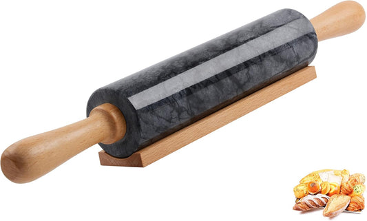 Marble Rolling Pin with Wooden Cradle Thick Handle Set for Baking,18.5 inch Premium Quality Polished Roller for Pizza Dough,Fondant,Pie Crust,Non-Stick Surface Easy to Clean(Black)