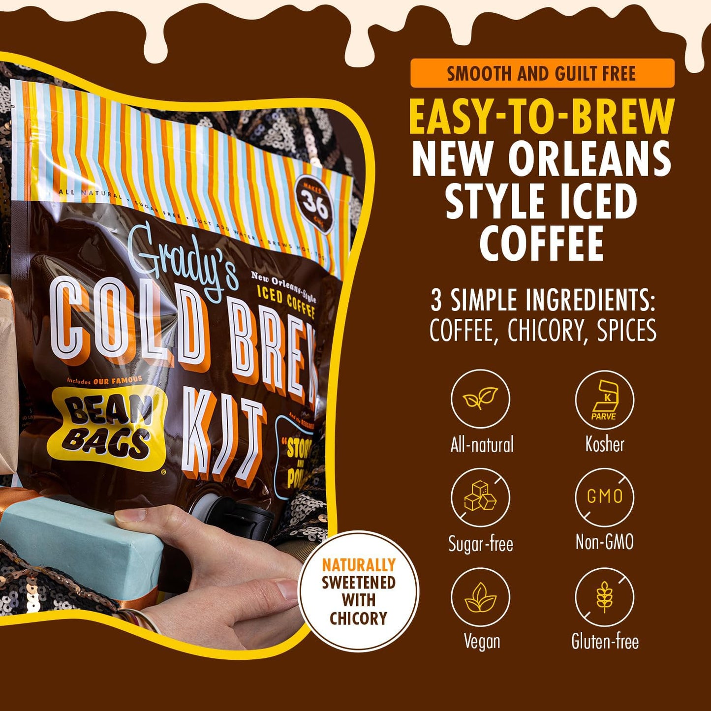 GRADY’S COLD BREW, New Orleans Style, 100% Arabica Ground Coffee & Chicory Pouches, All-in-One Cold Brew Kit with 12 Easy-to-Brew Beans Bags, Makes 36 drinks