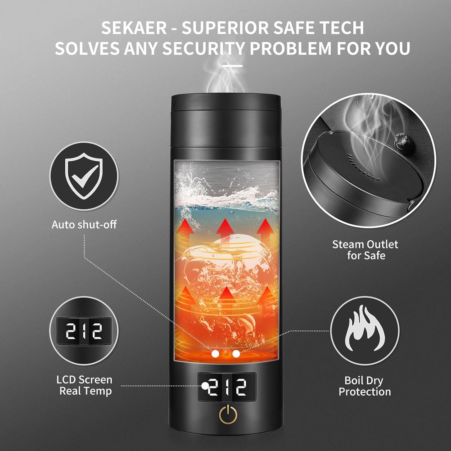 Sekaer Travel Electric Tea Kettle Portable Small Mini Coffee Kettle, with 4 Variable Presets, Personal Hot Water Boiler 304 Stainless Steel with Auto Shut-Off & Boil Dry Protection, SY-618B