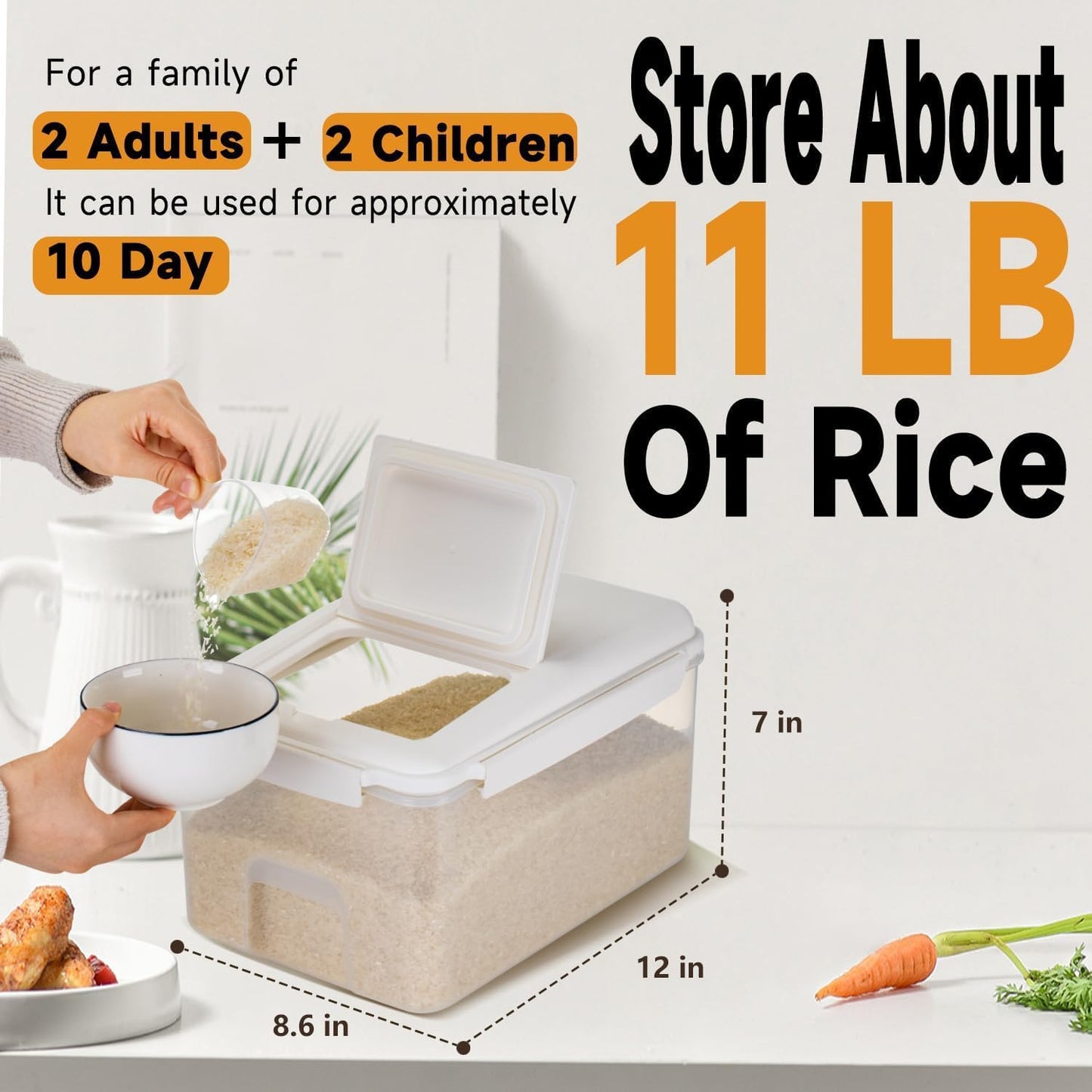 10 lbs Cereal Containers Storage - Airtight Flour Storage Container with Lids & 10 lbs Rice Dispenser, BPA Free Pantry Containers for Sugar and Cereal, White