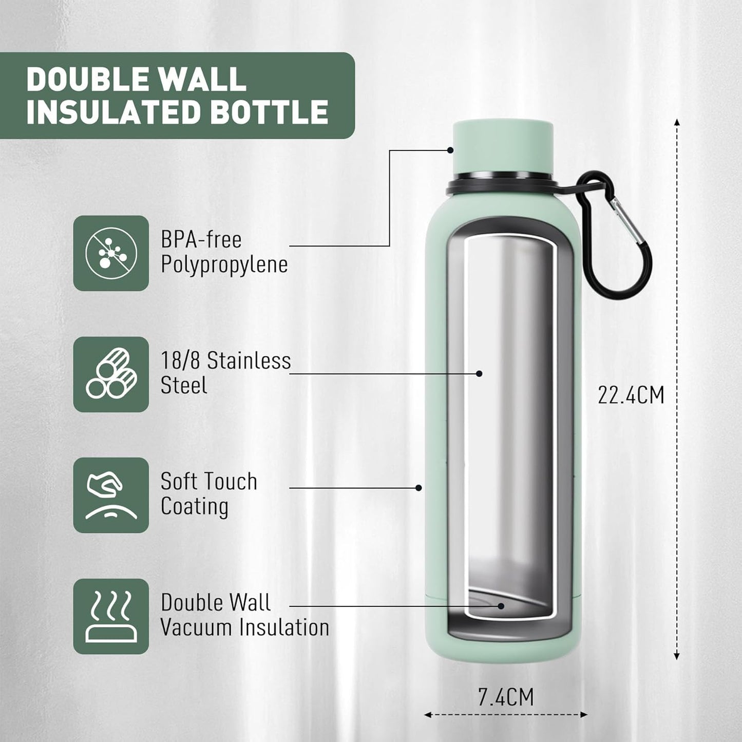 Slim Insulated Water Bottles for Travel 18oz with Clip, Double Wall Vacuum Stainless Steel Water Bottle Keeps Drinks Cold 24 Hrs/Hot 12 Hrs, 100% Leakproof, BPA Free(Mint)