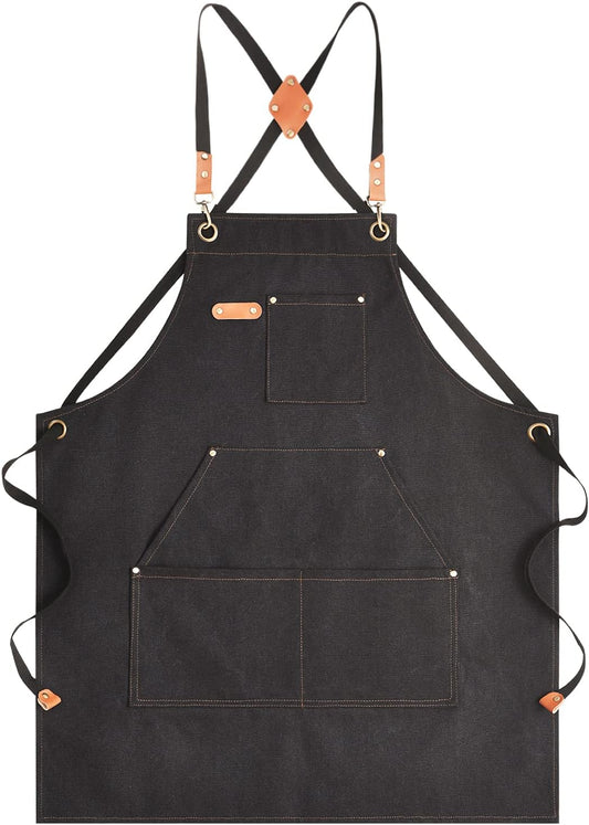 Canvas Aprons for Men Chef Apron, Work Apron with Large Pockets - 16oz Heavy Duty Cross Back, BBQ, Cooking