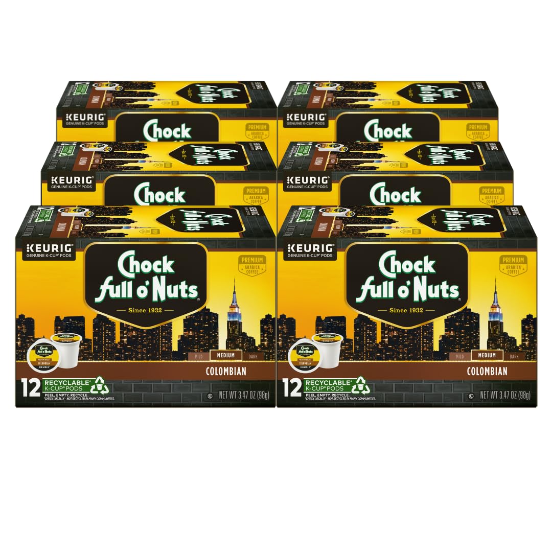Chock Full o'Nuts Colombian Coffee, Compatible with K-Cup Pods, 12 CT (Pack of 6)