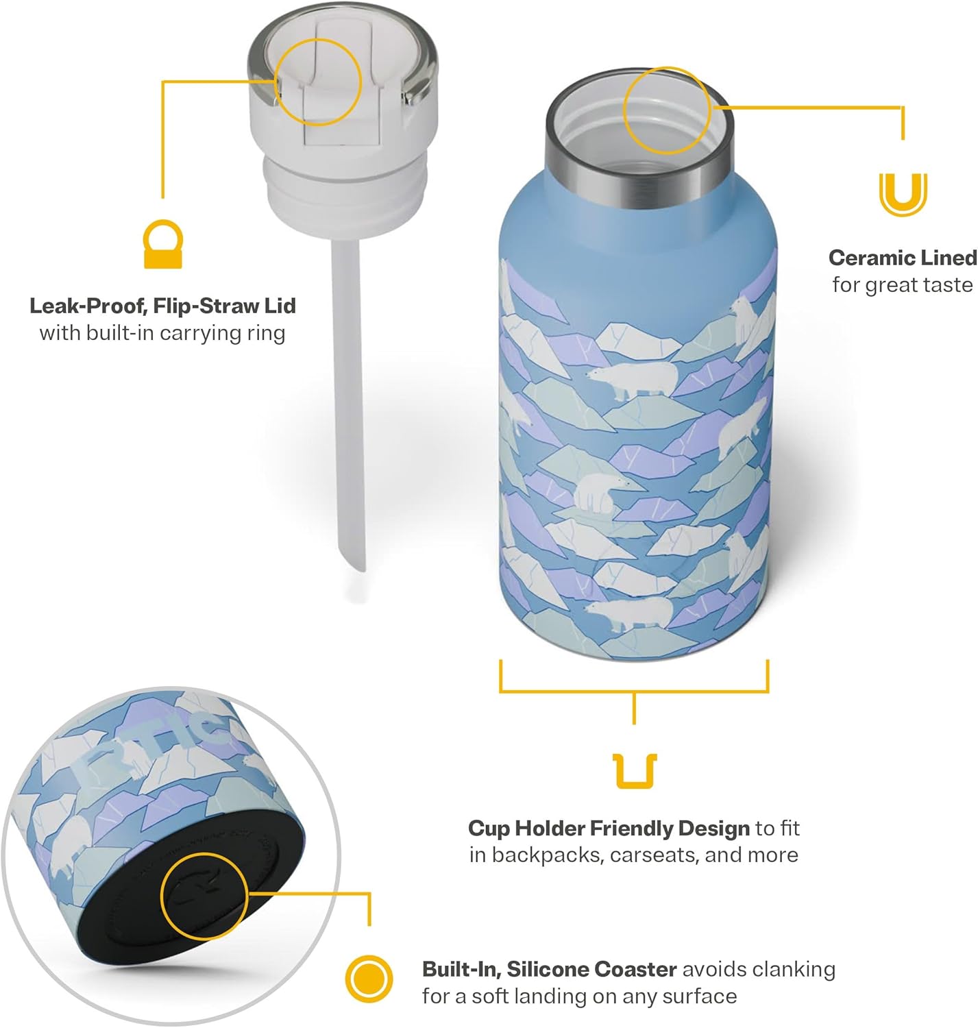 RTIC Little Journey Bottle with Straw, Insulated, Stainless Steel, Metal, Double Wall Vacuum-Insulation, Ceramic-Lined, Leak-Proof Lid, BPA-Free Water Flask for Sports, Travel, Polar Ice