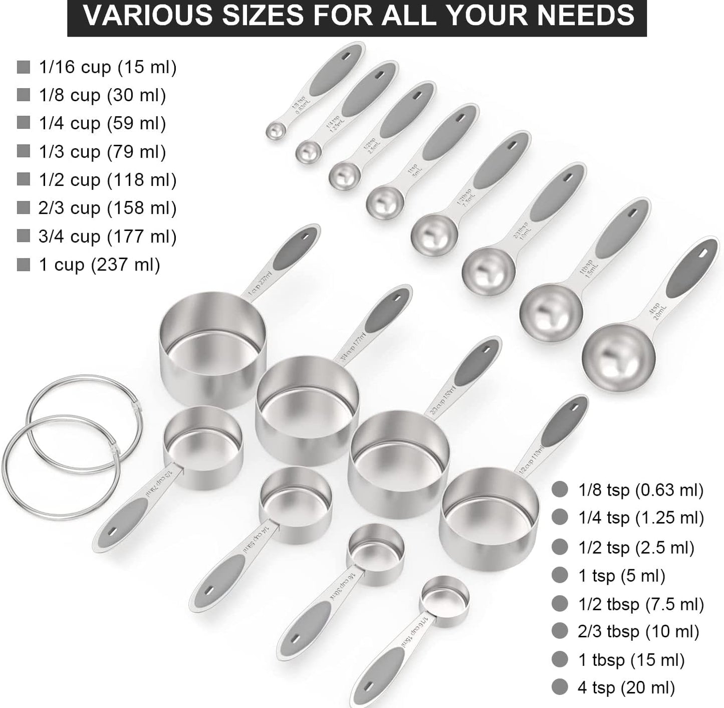 Measuring Cups & Spoons Set of 16, Wildone Stainless Steel Measuring Cups and Measuring Spoons with Gray Silicone Handle, Including 8 Nesting Cups, 8 Spoons, for Dry and Liquid Ingredient