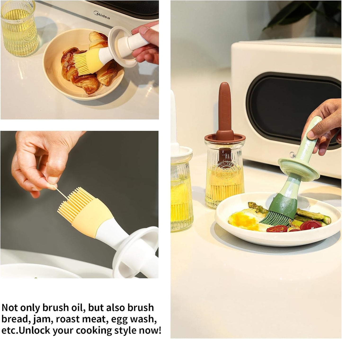 Oil Dispenser with Brush - Glass Olive Oil Dispenser for Kitchen, 3 IN 1 Oil Dispenser Bottle with Silicone Basting Brush for Cooking Vinegar Sauce BBQ Grill Frying (Brown/White/Green)