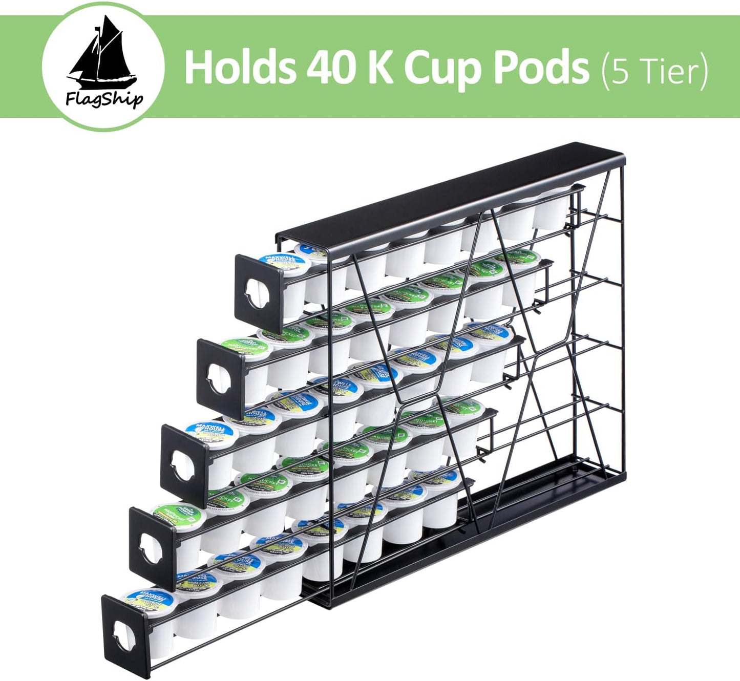 FlagShip 5-Tier Corner Coffee Pod Organizer for K Cup - 40 Capsules Metal Storage, Space-Saving Kitchen Countertop Rack Wall Mountable