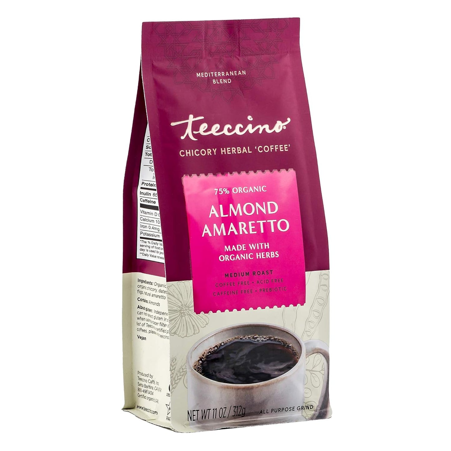 Teeccino Almond Amaretto Chicory Coffee Alternative - 11 Ounce - Ground Herbal Coffee That’s Prebiotic, Caffeine Free & Acid Free, Medium Roast
