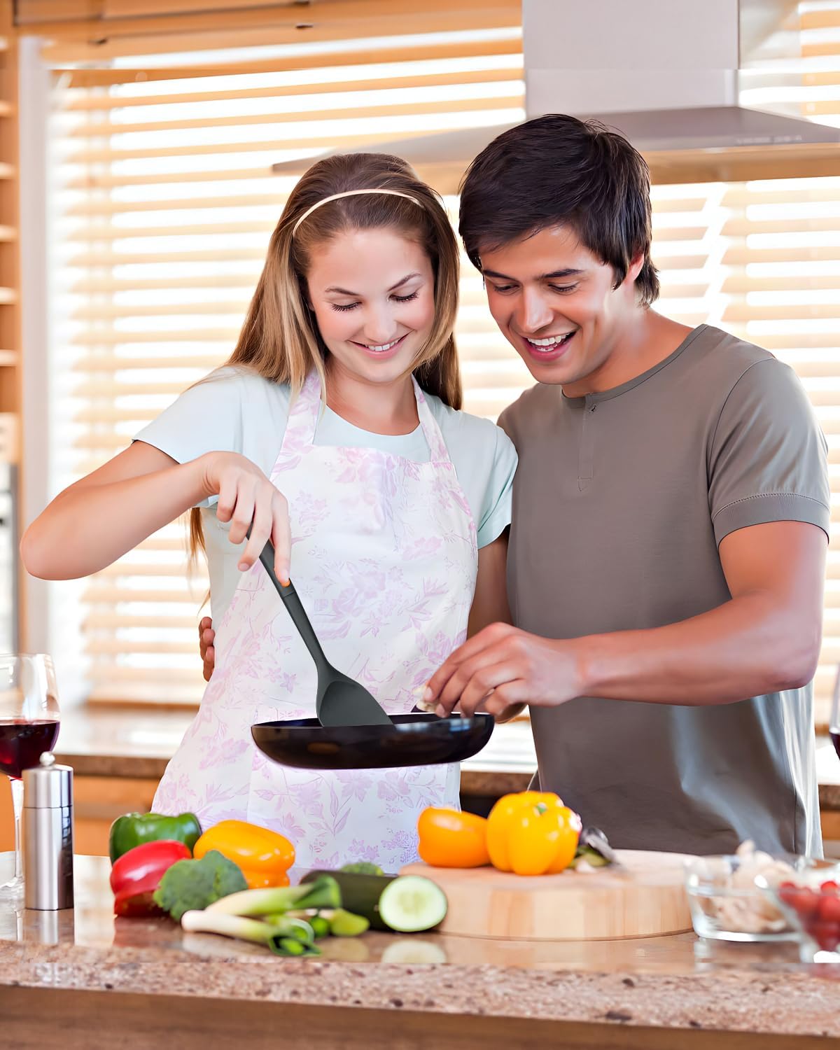 Silicone Spatulas and Spaghetti Spoons, 4 Pack Heat Resistant Full Silicone Cooking Utensils Set, Non Stick Large Kitchen Spatula Spoons for Cooking, Mixing, Serving, Draining