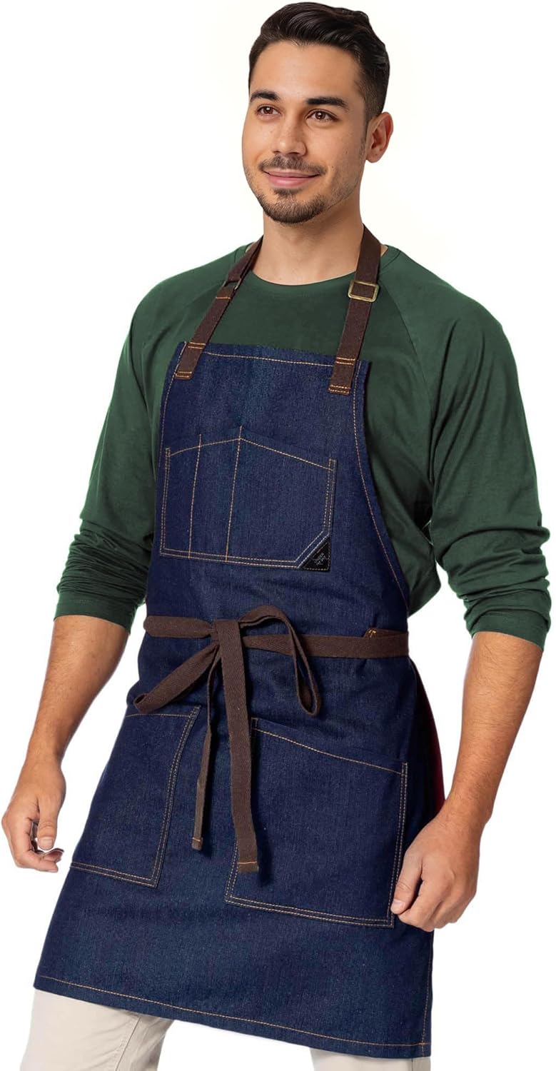 Under NY Sky Chef Apron – Professional Blue Denim – Cotton Straps - Smart Pockets - Adjustable for Men and Women – Pro Chef, Cook, Kitchen, Baker, Barista, Bartender, Server Aprons