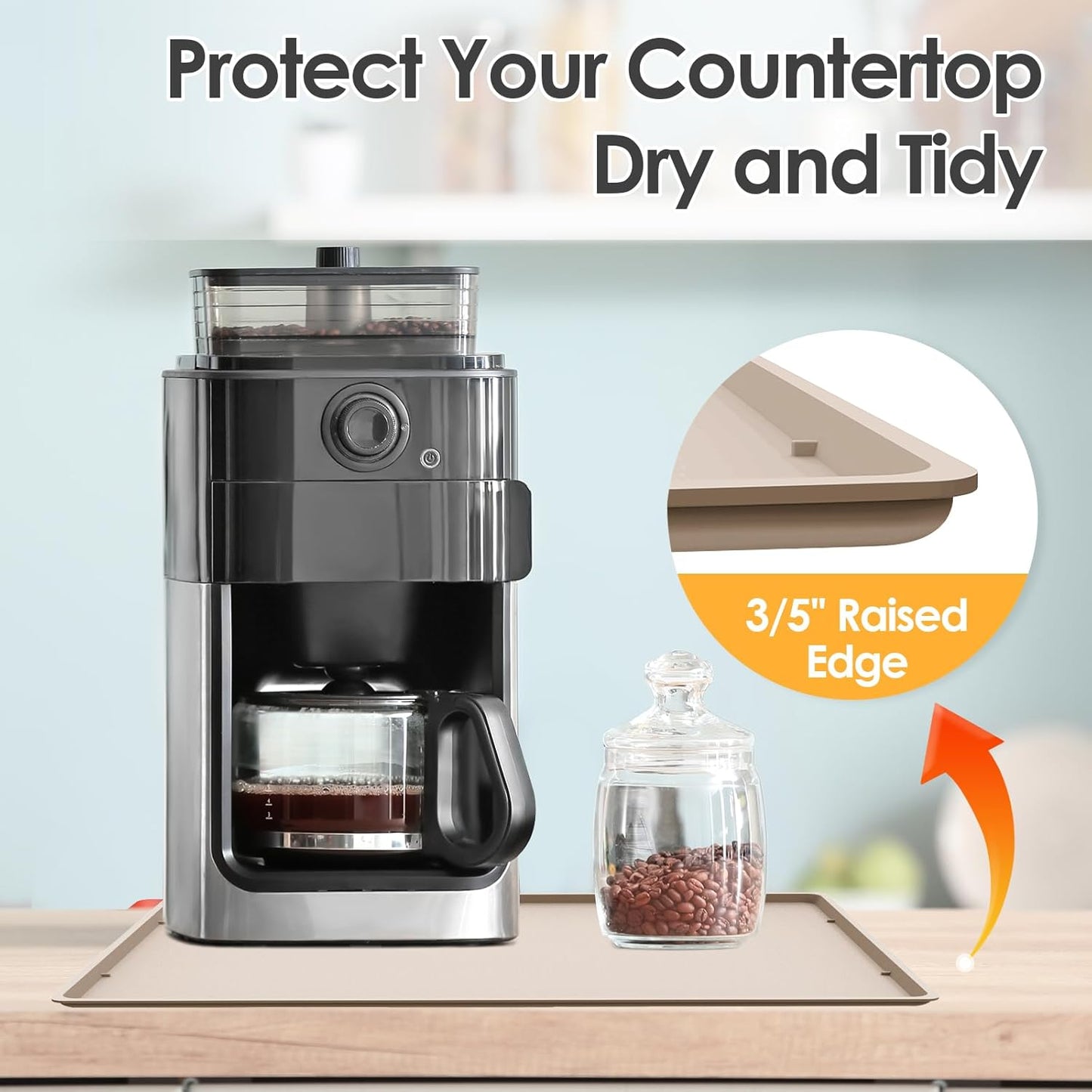 Silicone Coffee Maker Mat with Lip, 19.7'' x 15'' Heavy Duty Coffee Maker Mat for Countertops, Coffee Tray Fit Under Coffee Machine Appliance Automatic Machines Espresso Accessory, Khaki