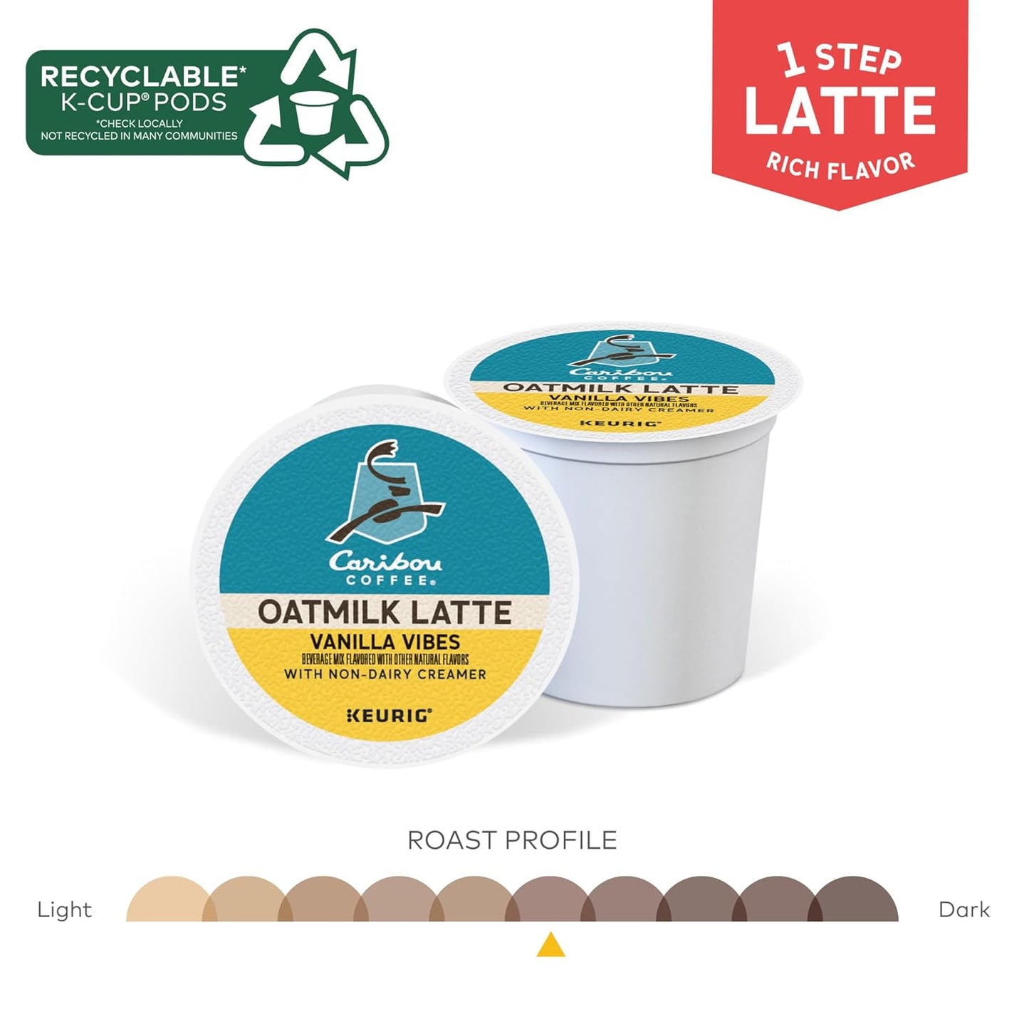 Caribou Coffee Vanilla Vibes Oatmilk Latte, One Step Latte Single Serve Keurig K-Cup Pods, 60 Count (6 Packs of 10)