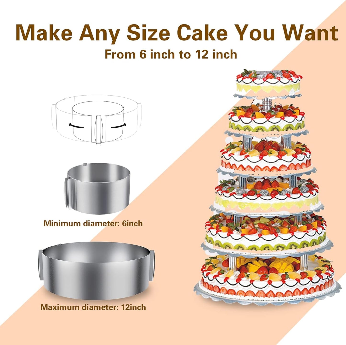 iNeibo Cake Ring, 6 to 12 Inch Adjustable Cake Mousse Mould Set, Stainless Steel Pastry Ring, Mousse Ring, Ring Mold for Baking (1 Cake Ring)